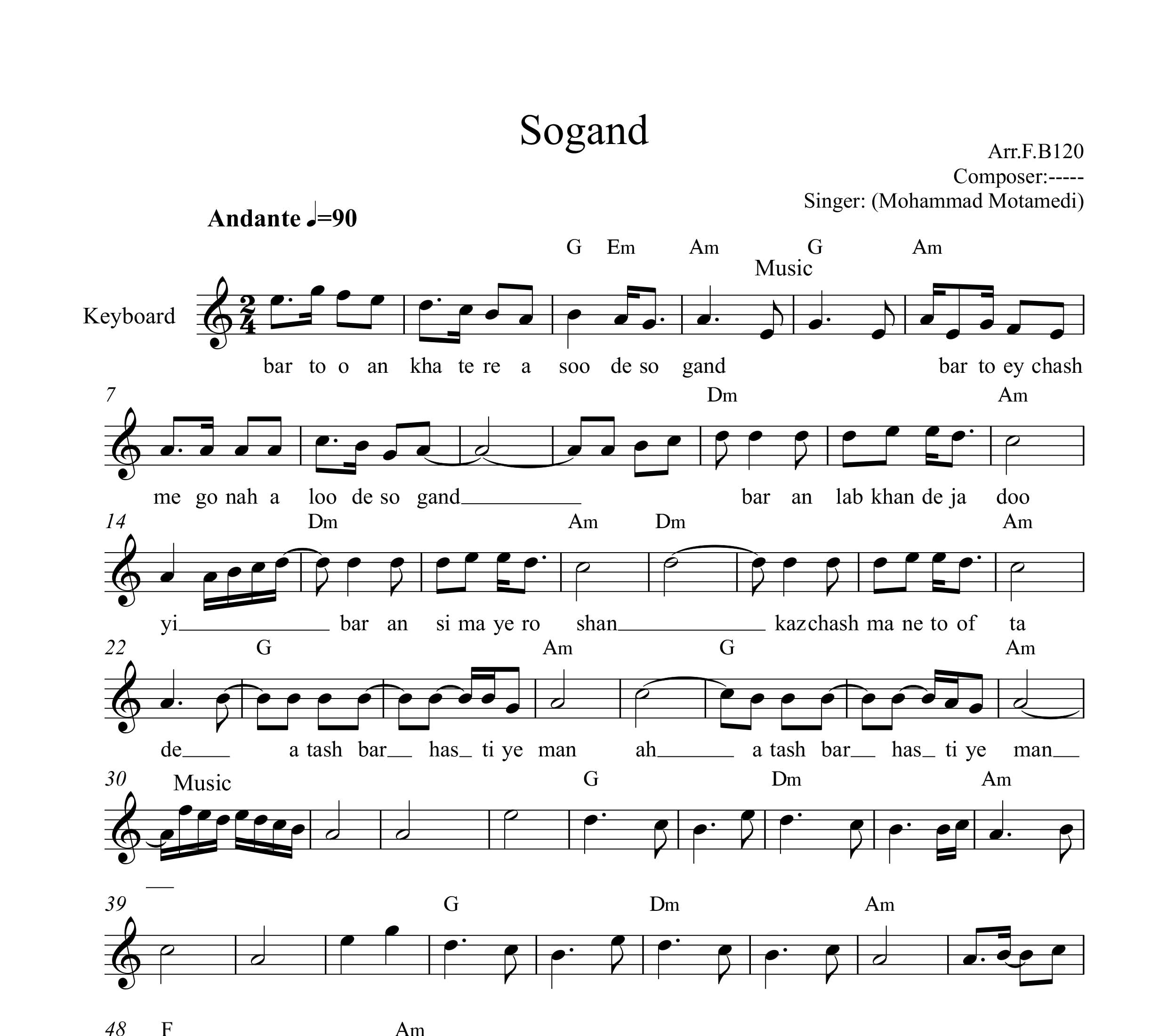نت کیبورد سوگند محمد معتمدی به همراه آکورد