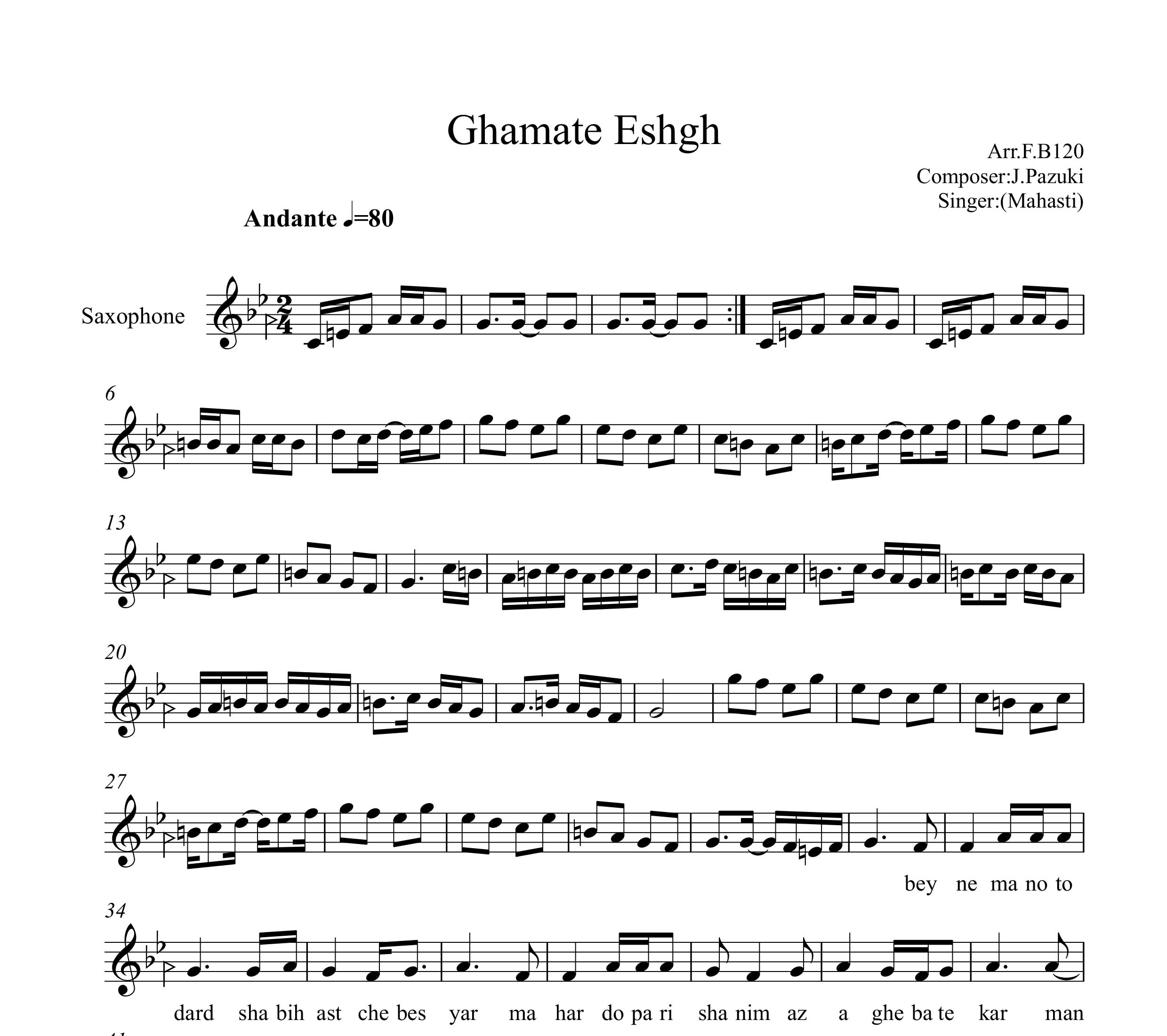 نت ساکسیفون قامت عشق مهستی