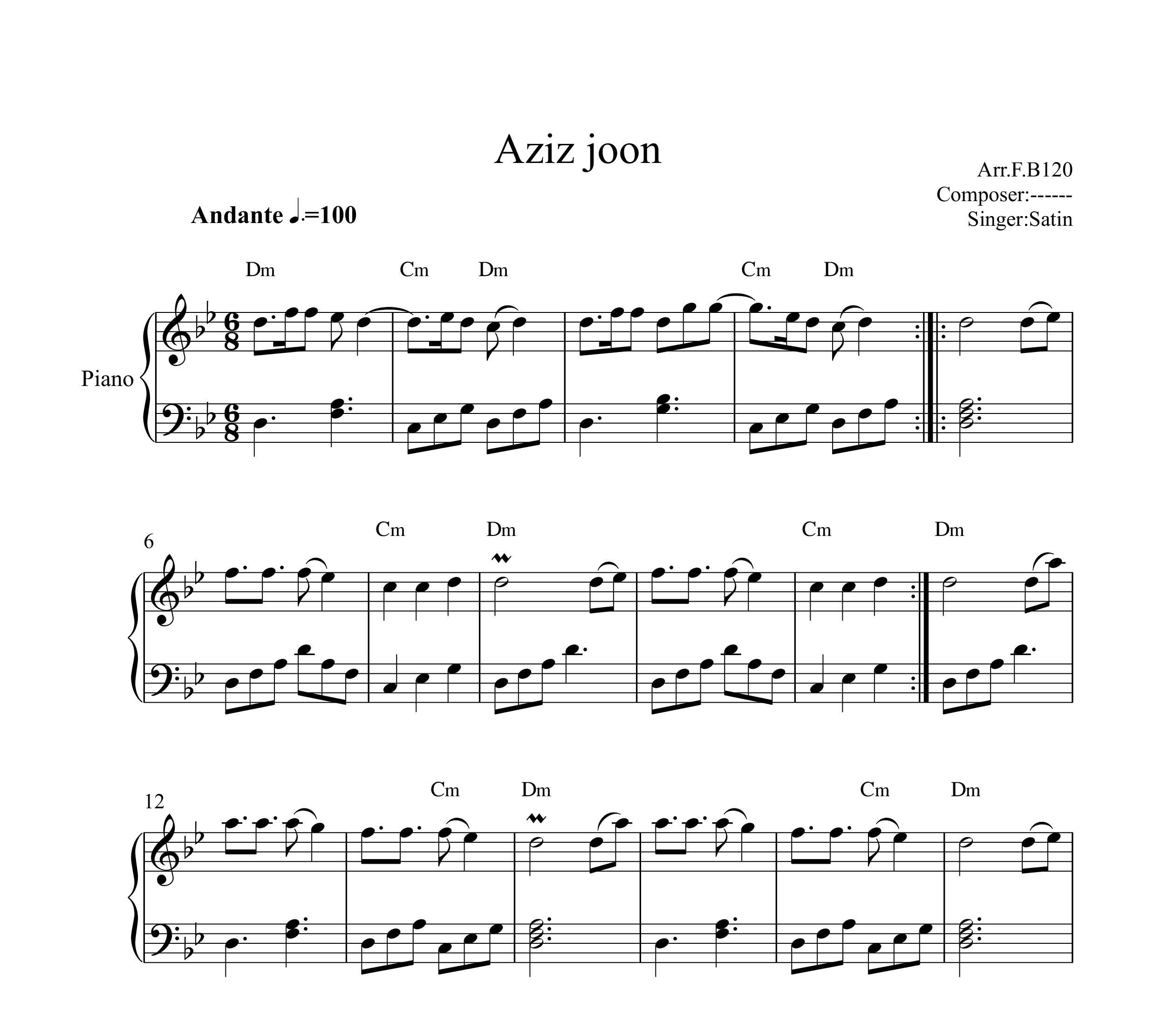 نت پیانو عزیز جون از ستین به همراه آکورد