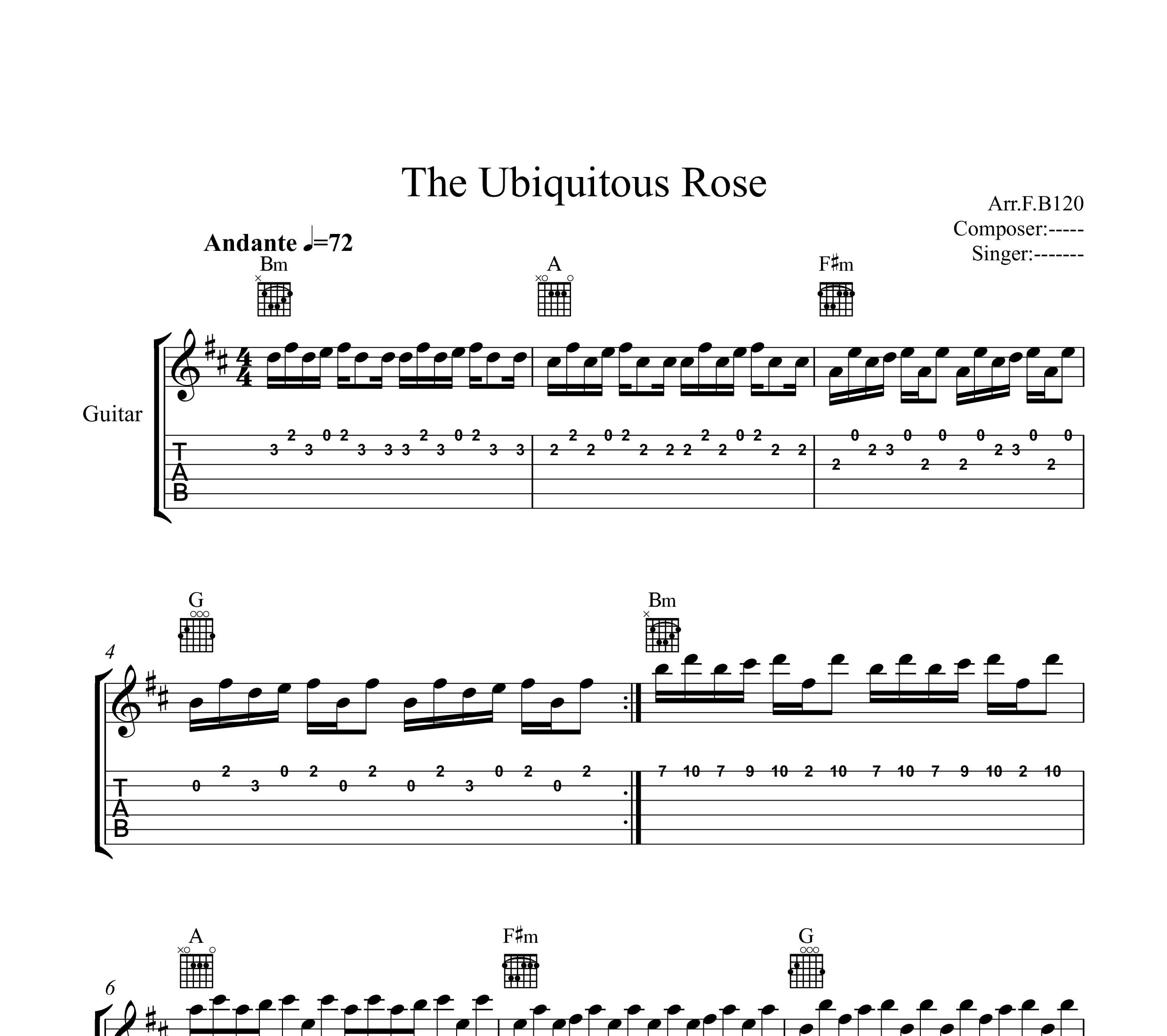 نت گیتار The Ubiquitous Rose از آلوارو بارکالا به همراه تبلچر و آکورد