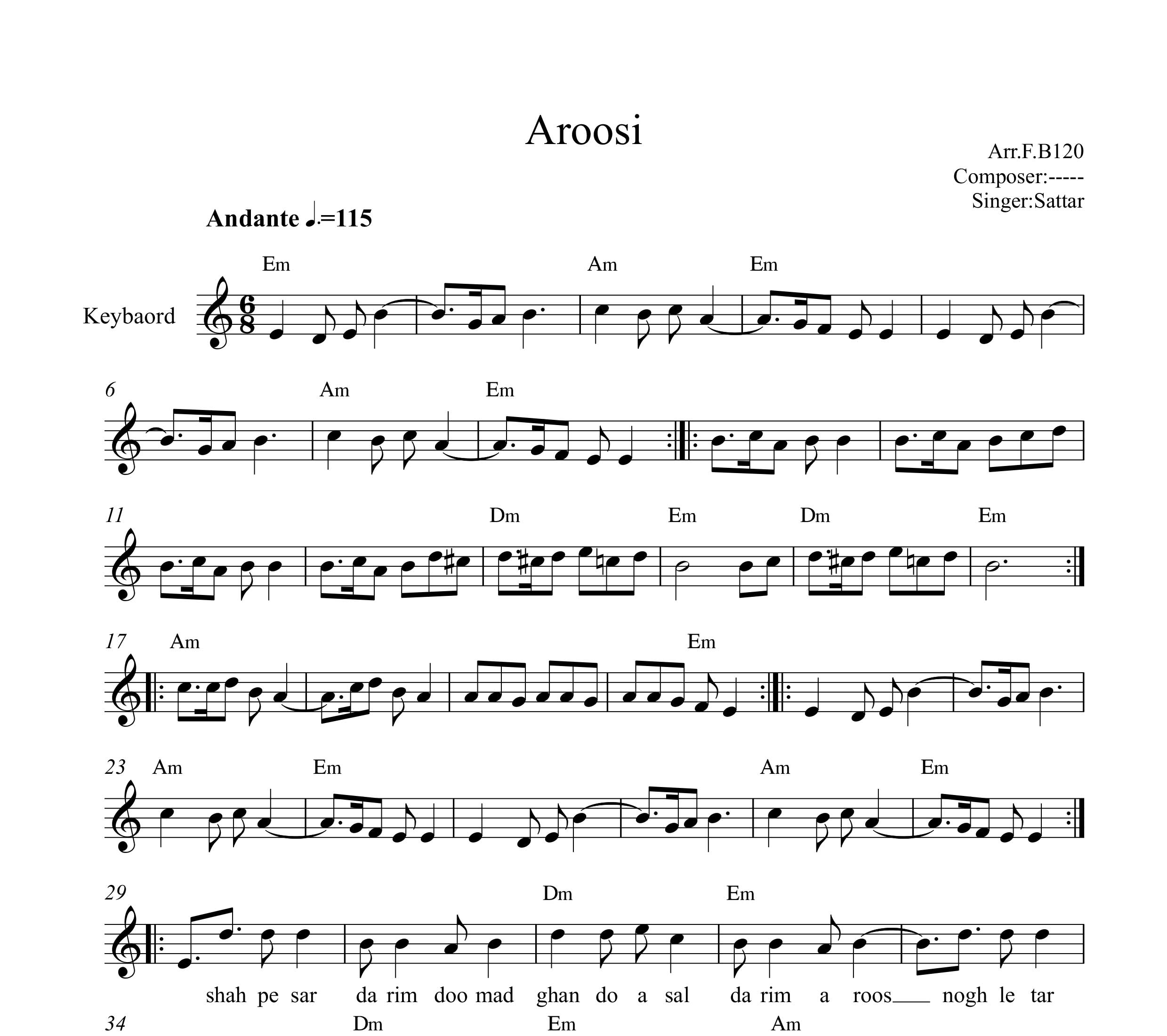 نت کیبورد عروسی ستار به همراه آکورد