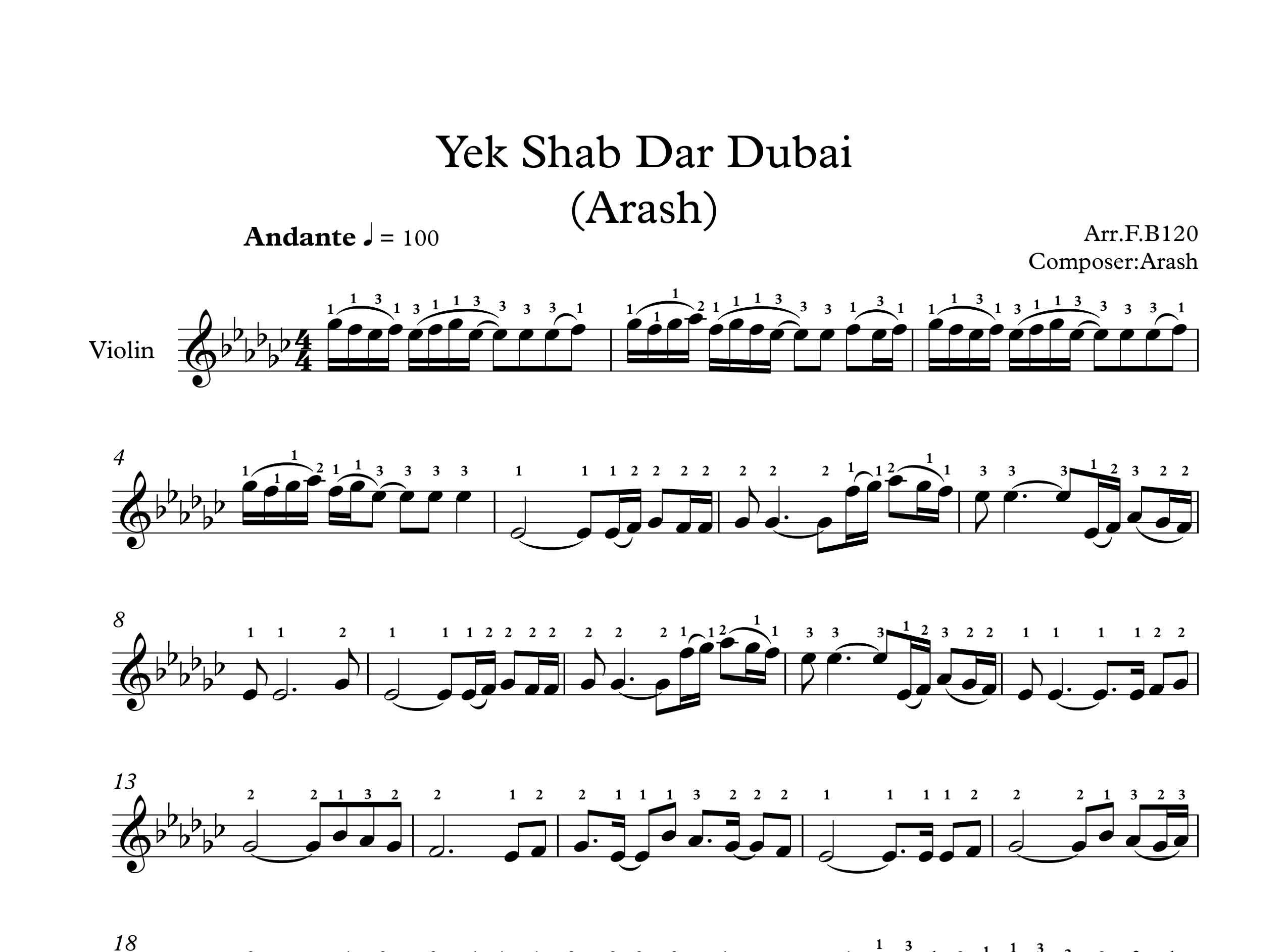 نت ویولن آهنگ یک شب در دبی از آرش