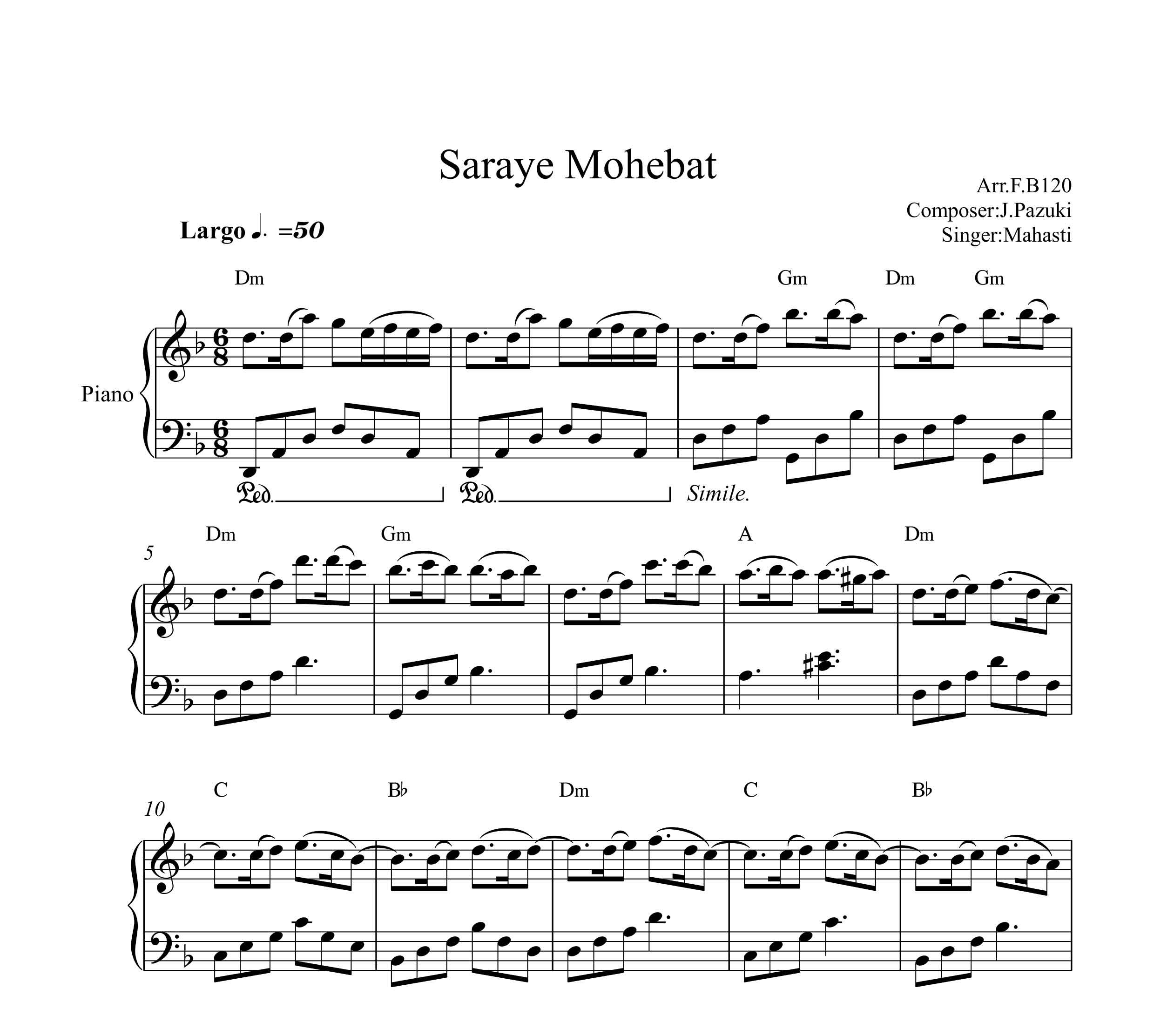 نت پیانو سرای محبت از مهستی با آکورد