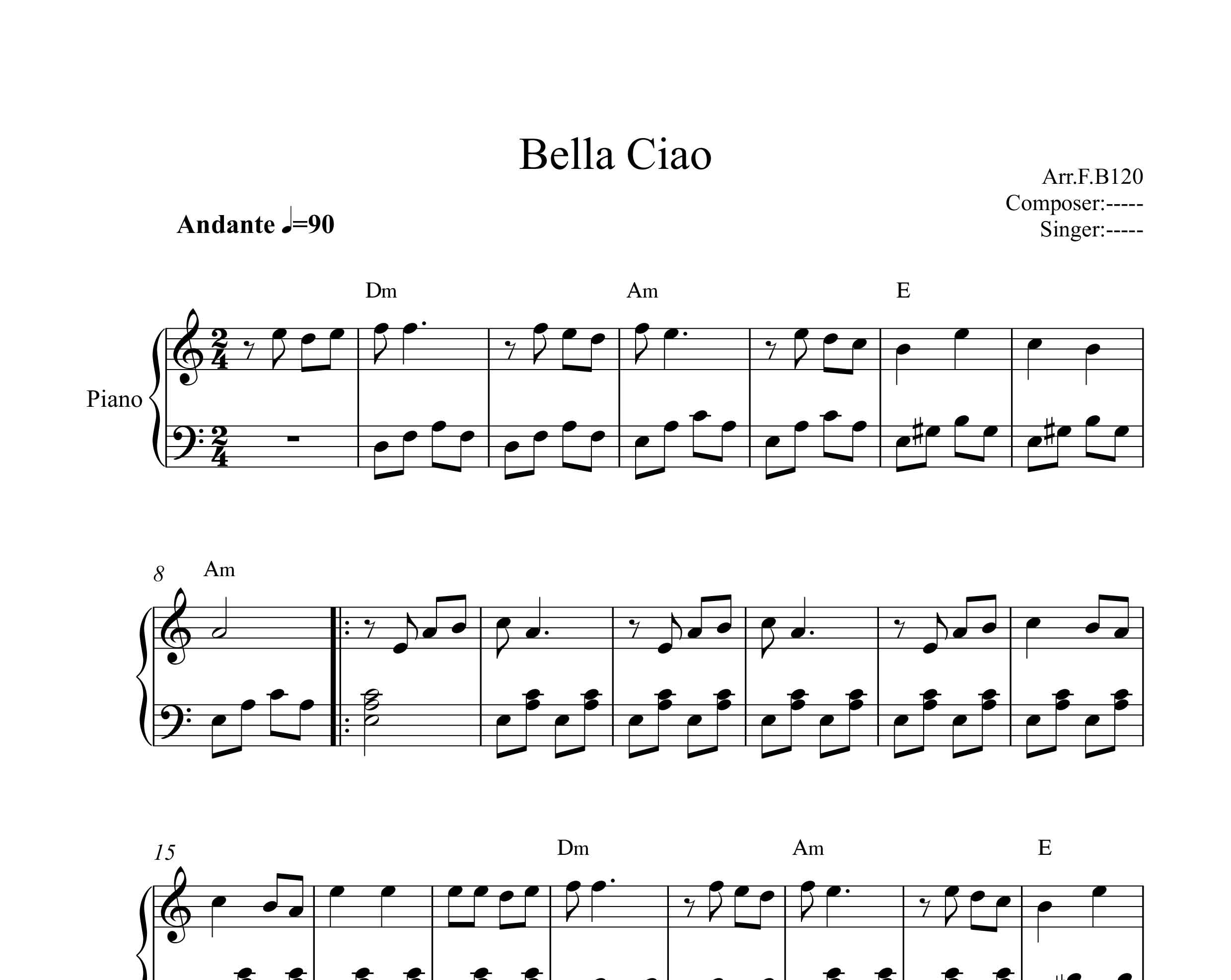 نت پیانو بلاچاو Bella Ciao سطح مبتدی در گام لامینور