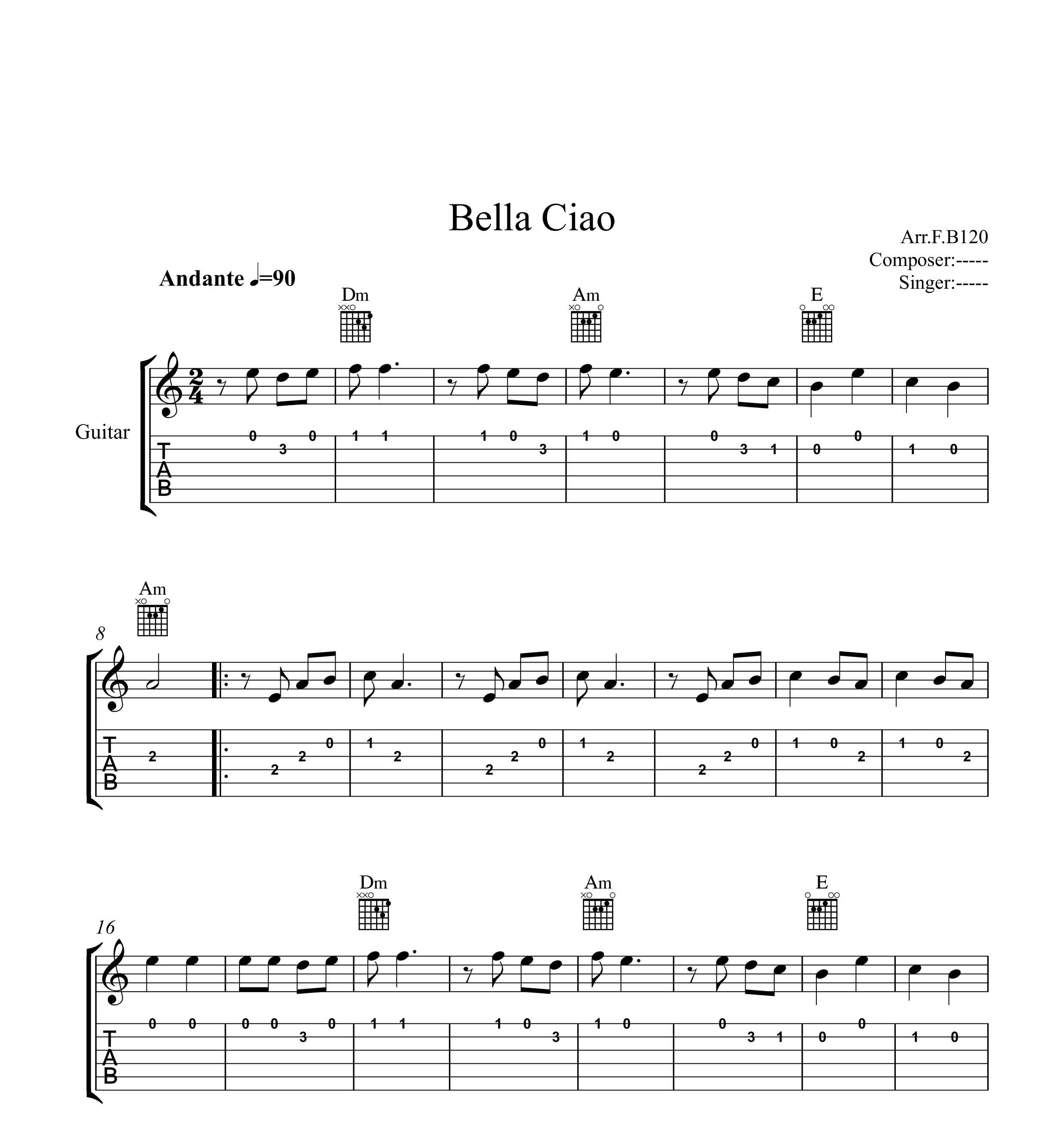 نت گیتار بلاچاو Bella Ciao به همراه تبلچر و آکورد نسخه ساده
