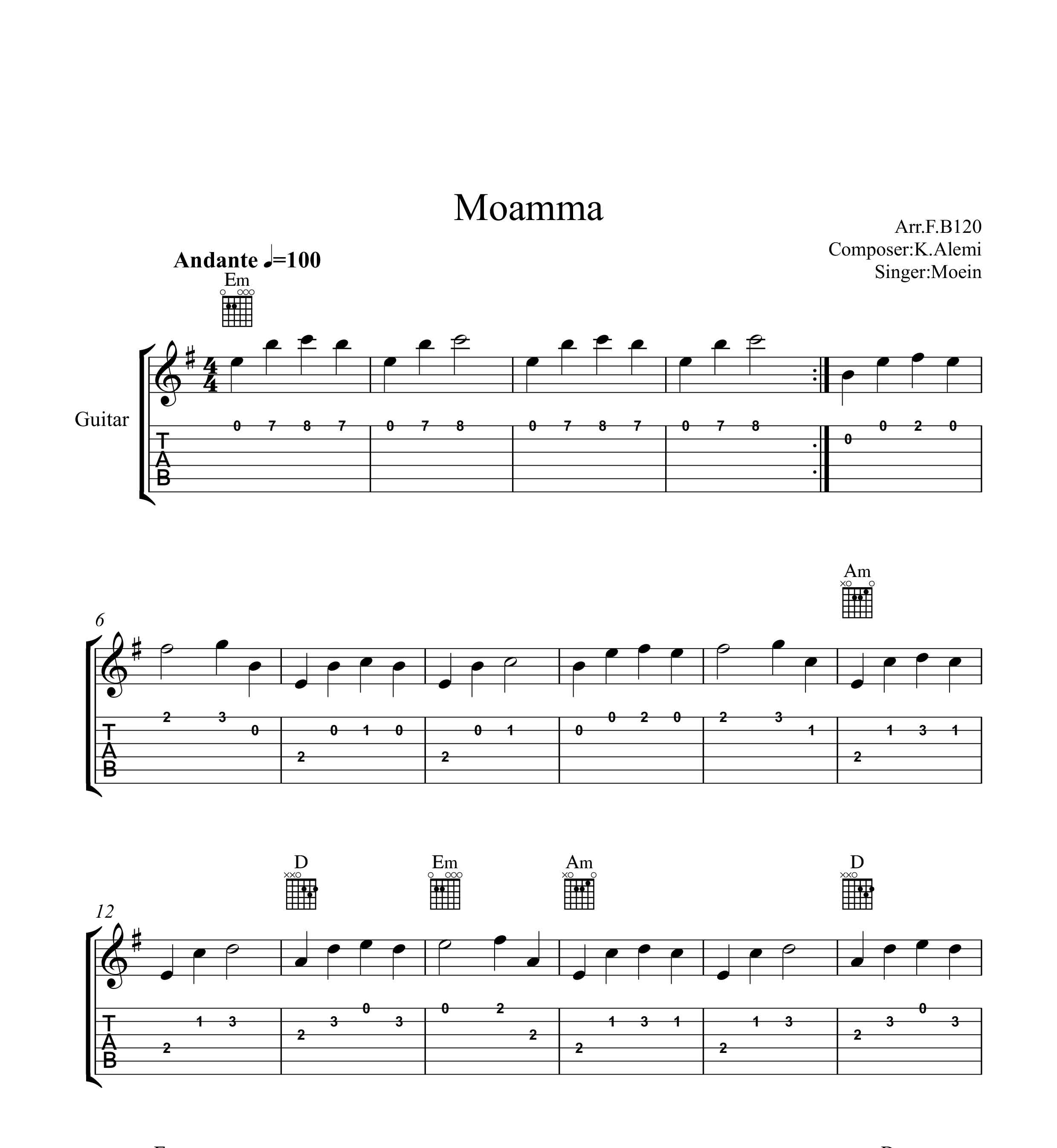 نت گیتار معما معین به همراه تبلچر و آکورد