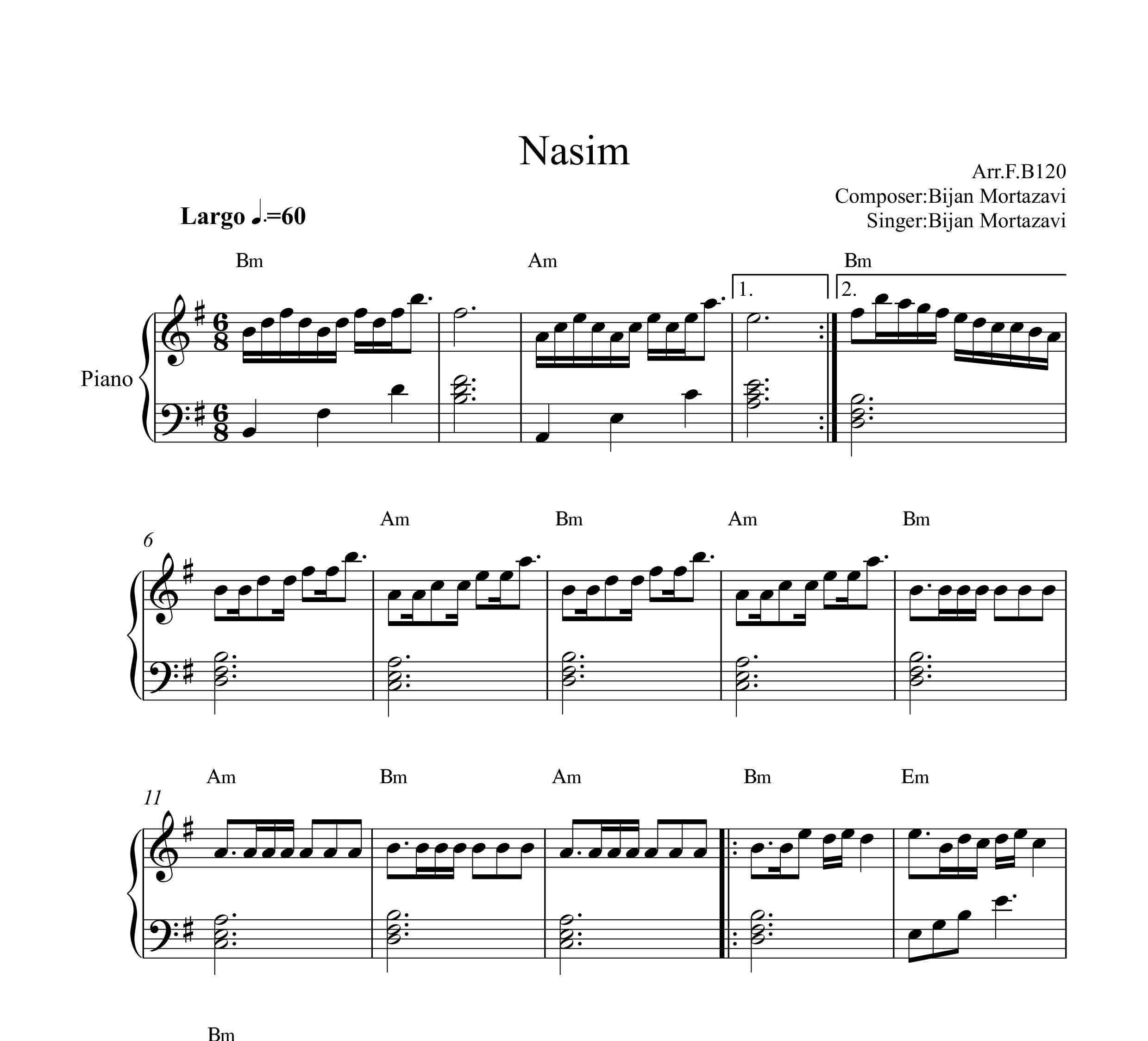 نت پیانو نسیم از بیژن مرتضوی با اکورد