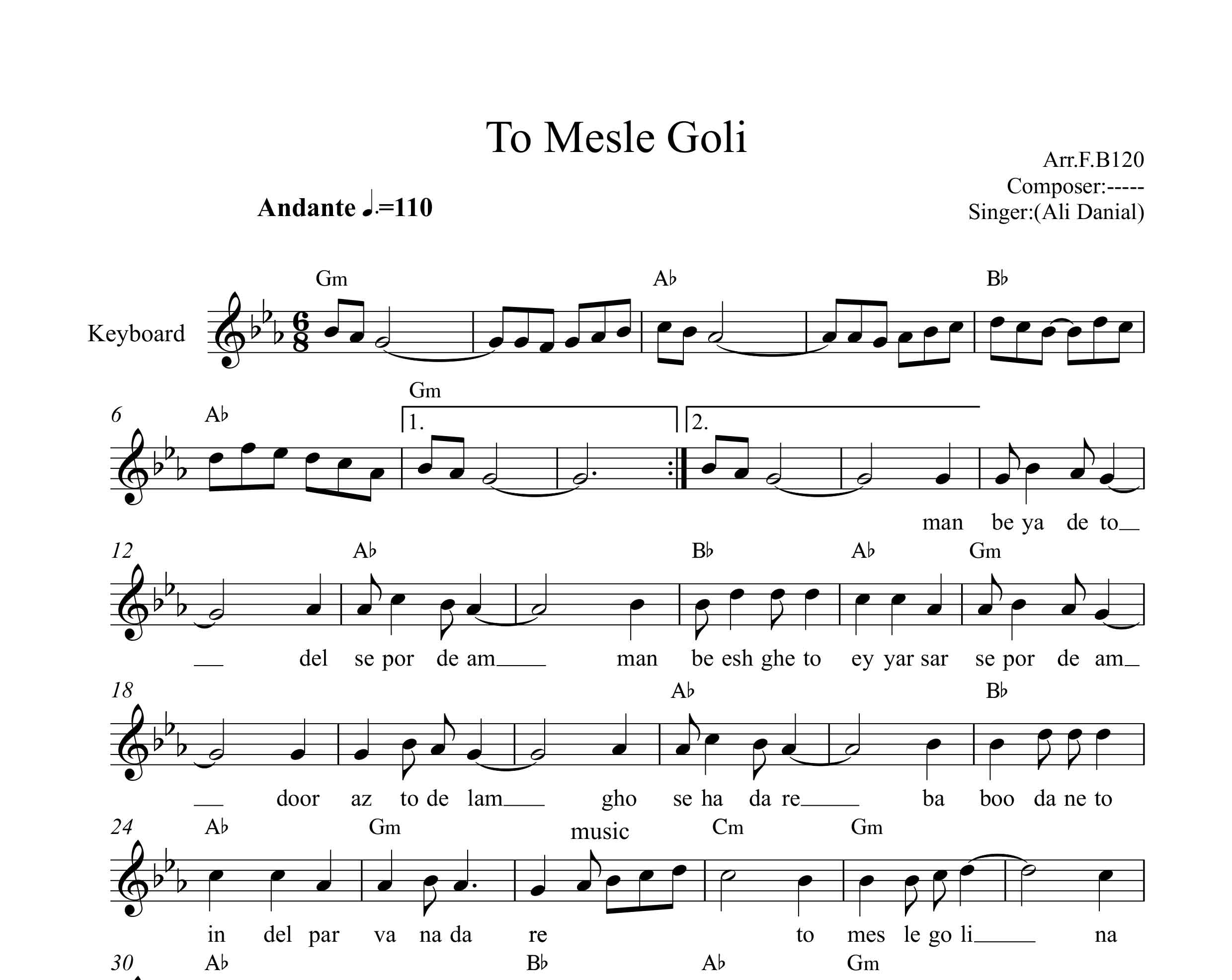 نت کیبورد تو مثل گلی علی دانیال به همراه آکورد