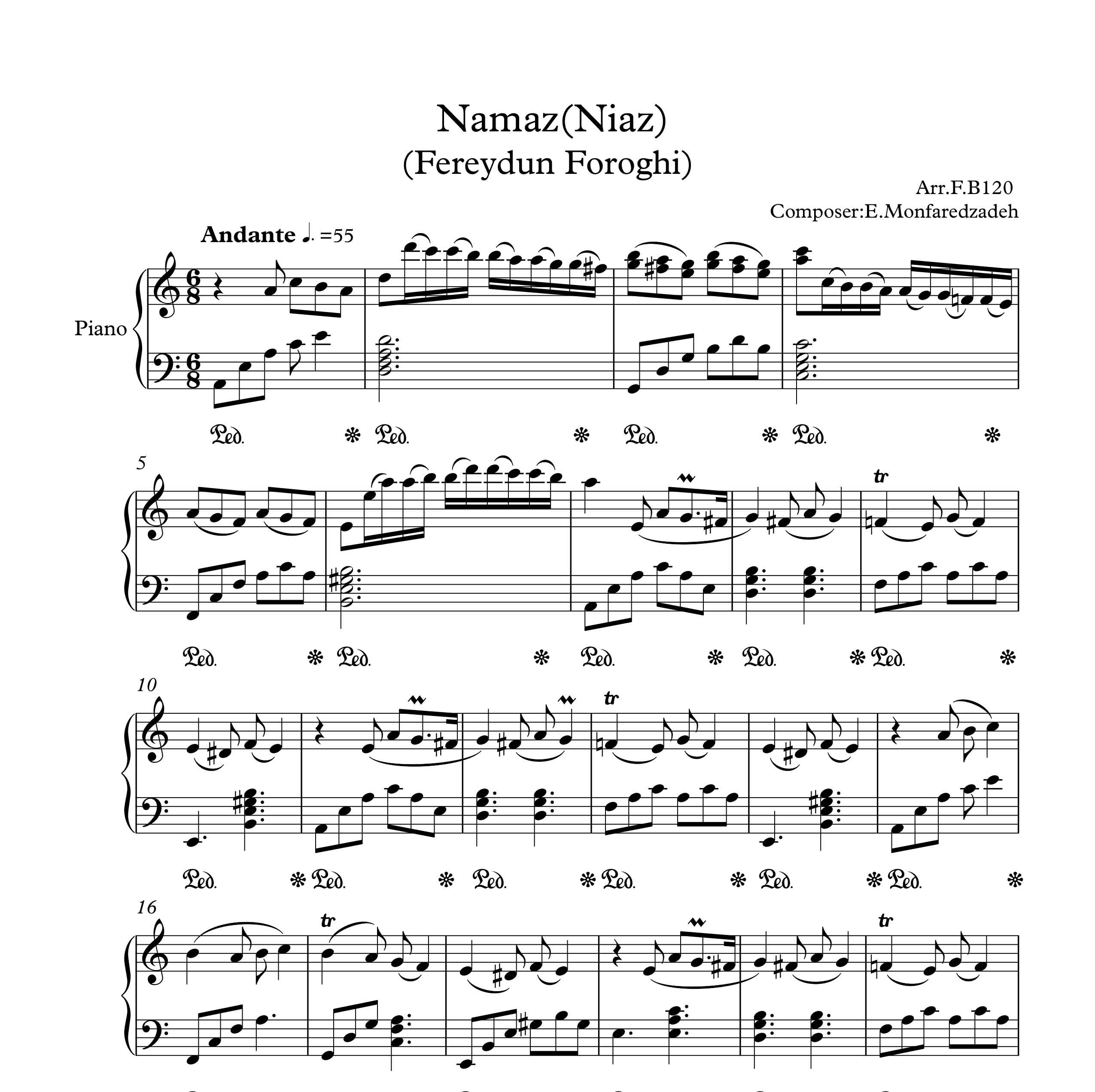 نت آهنگ نماز از فریدون فروغی برای پیانو