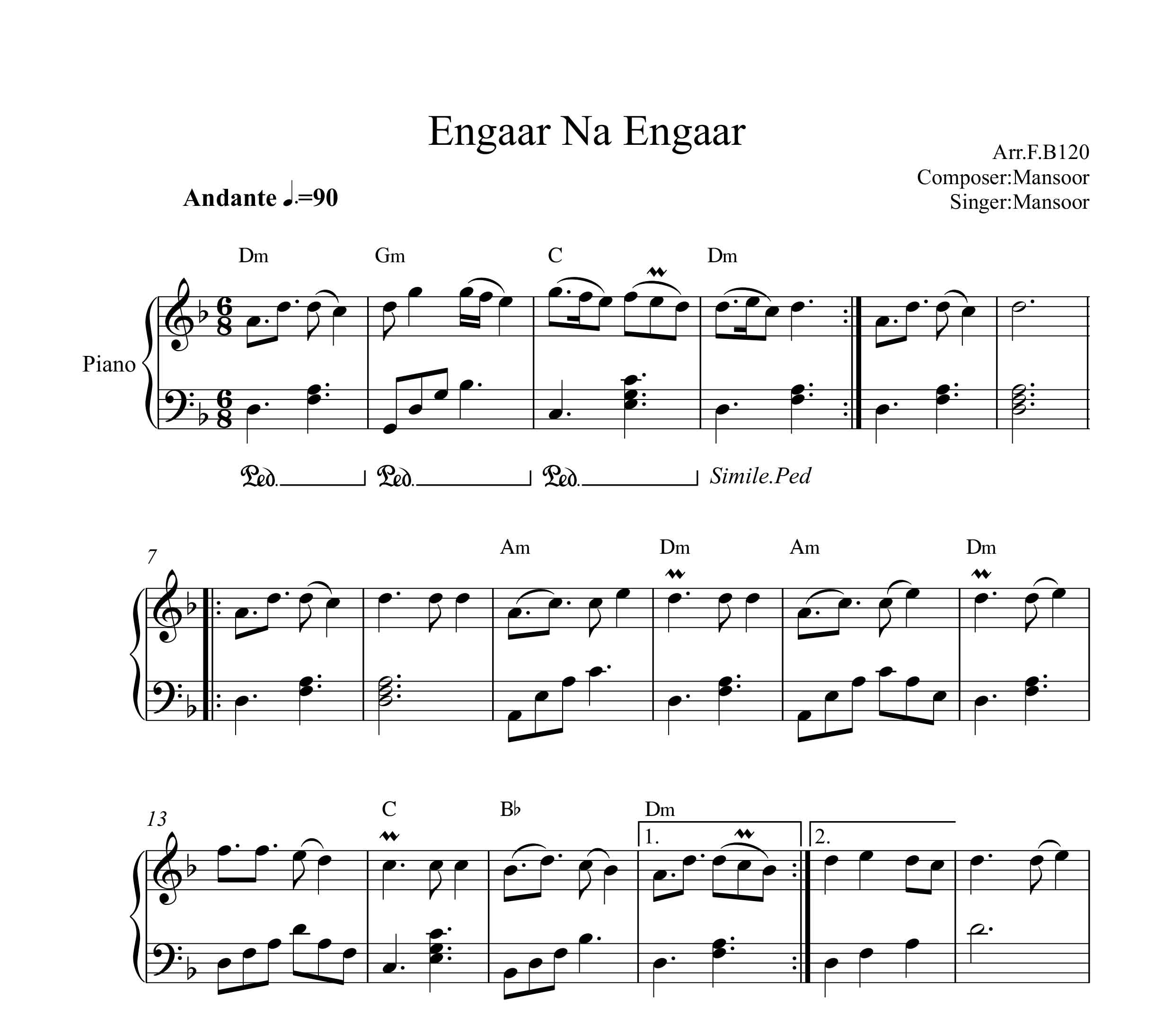 نت پیانو انگار نه انگار از منصور با آکورد