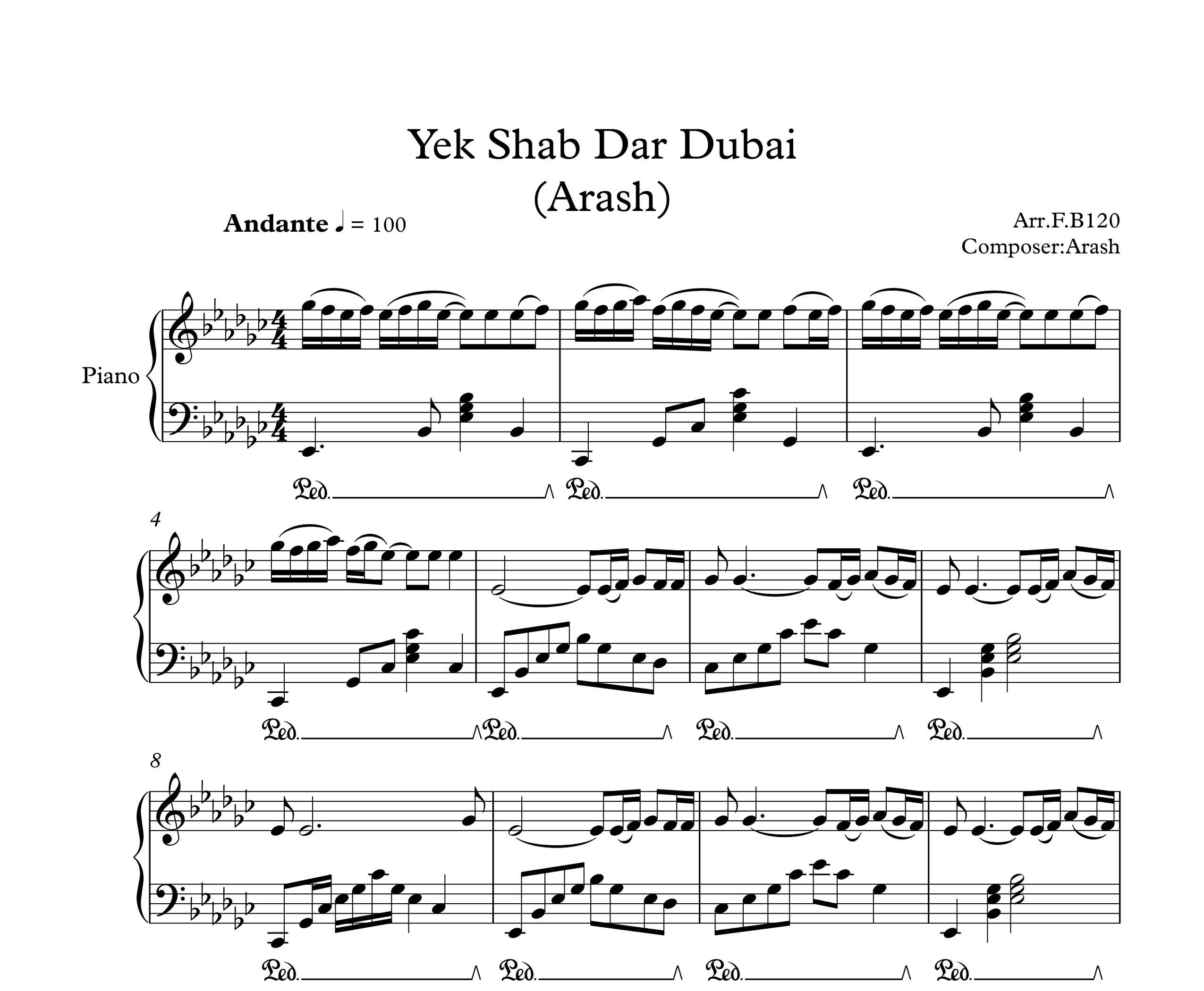 نت پیانو آهنگ یک شب در دبی از آرش