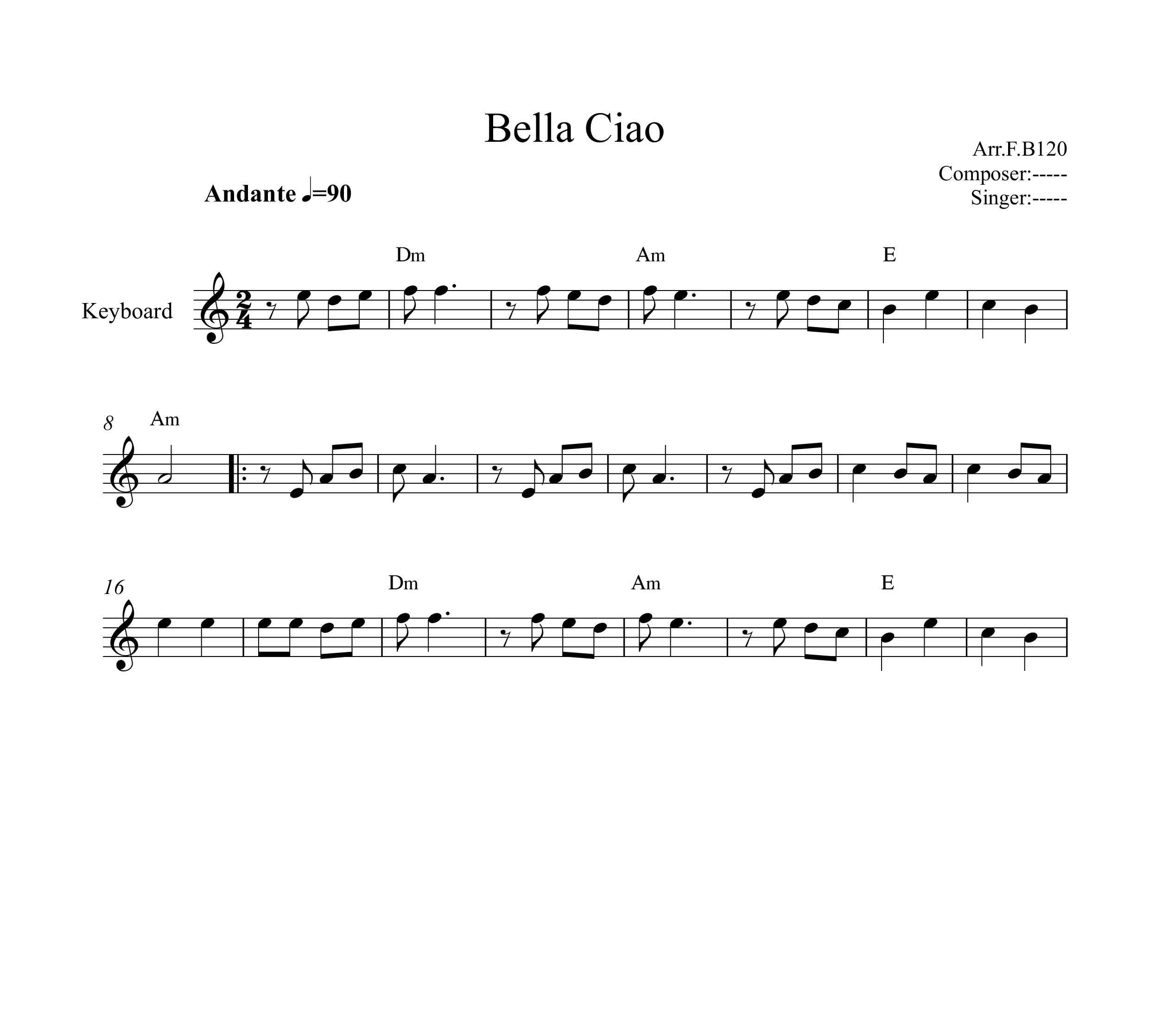 نت کیبورد بلاچاو Bella Ciao به همراه آکورد نسخه ساده