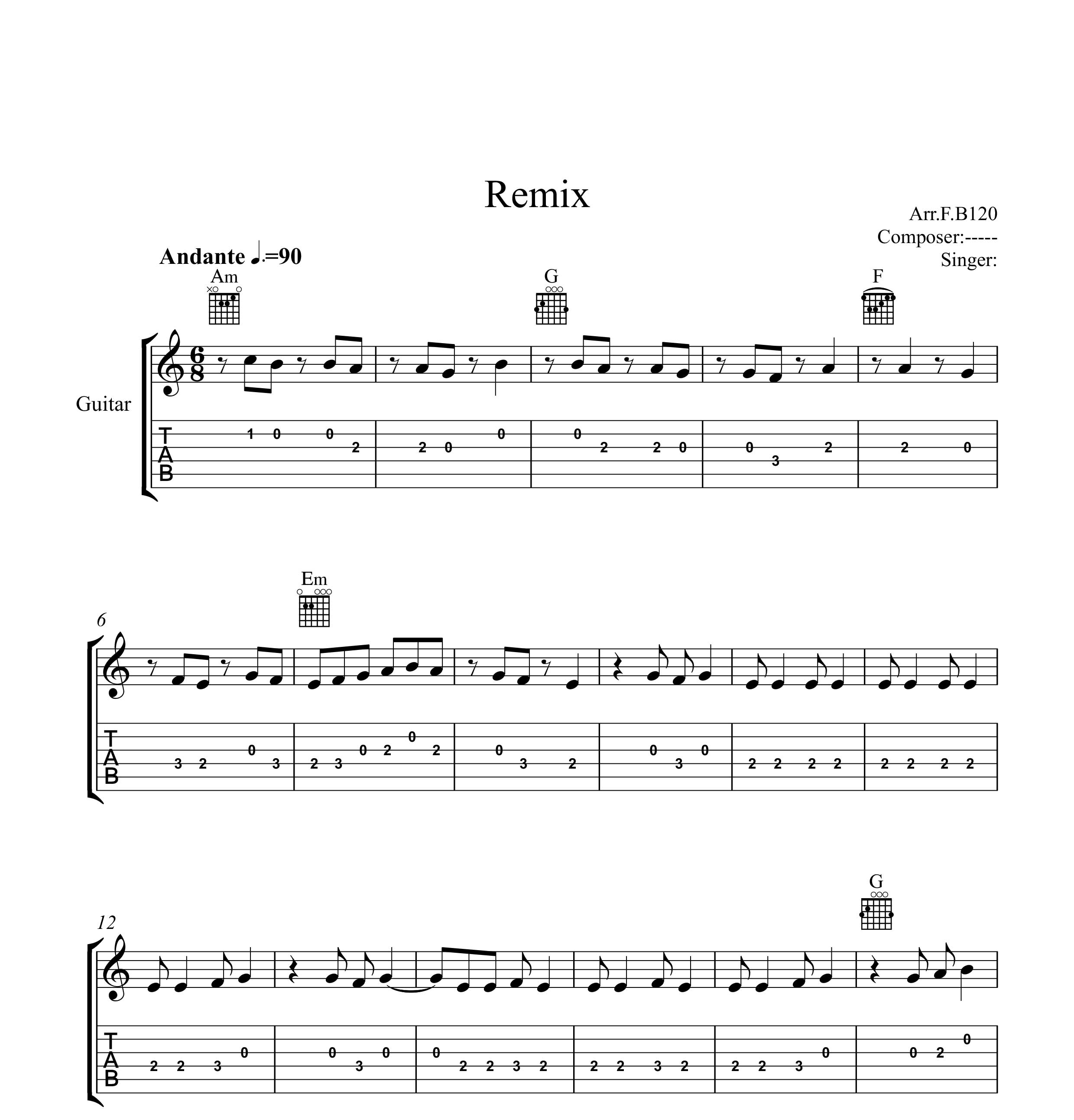 نت گیتار ریمیکس حامد قنبرنیا همراه تبلچر و آکورد