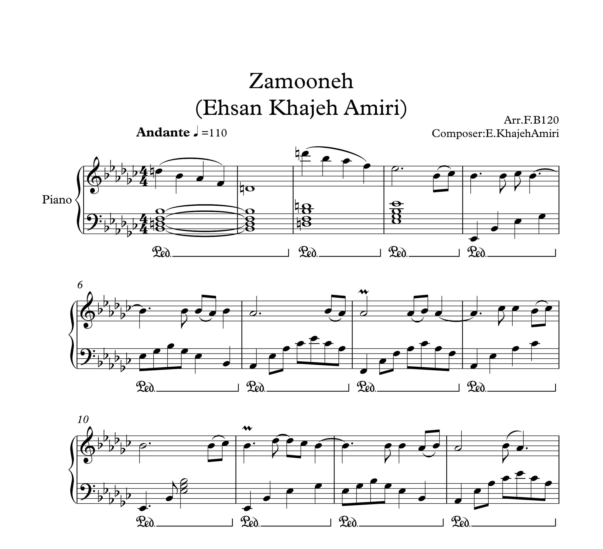 نت پیانو آهنگ زمونه از احسان خواجه امیری