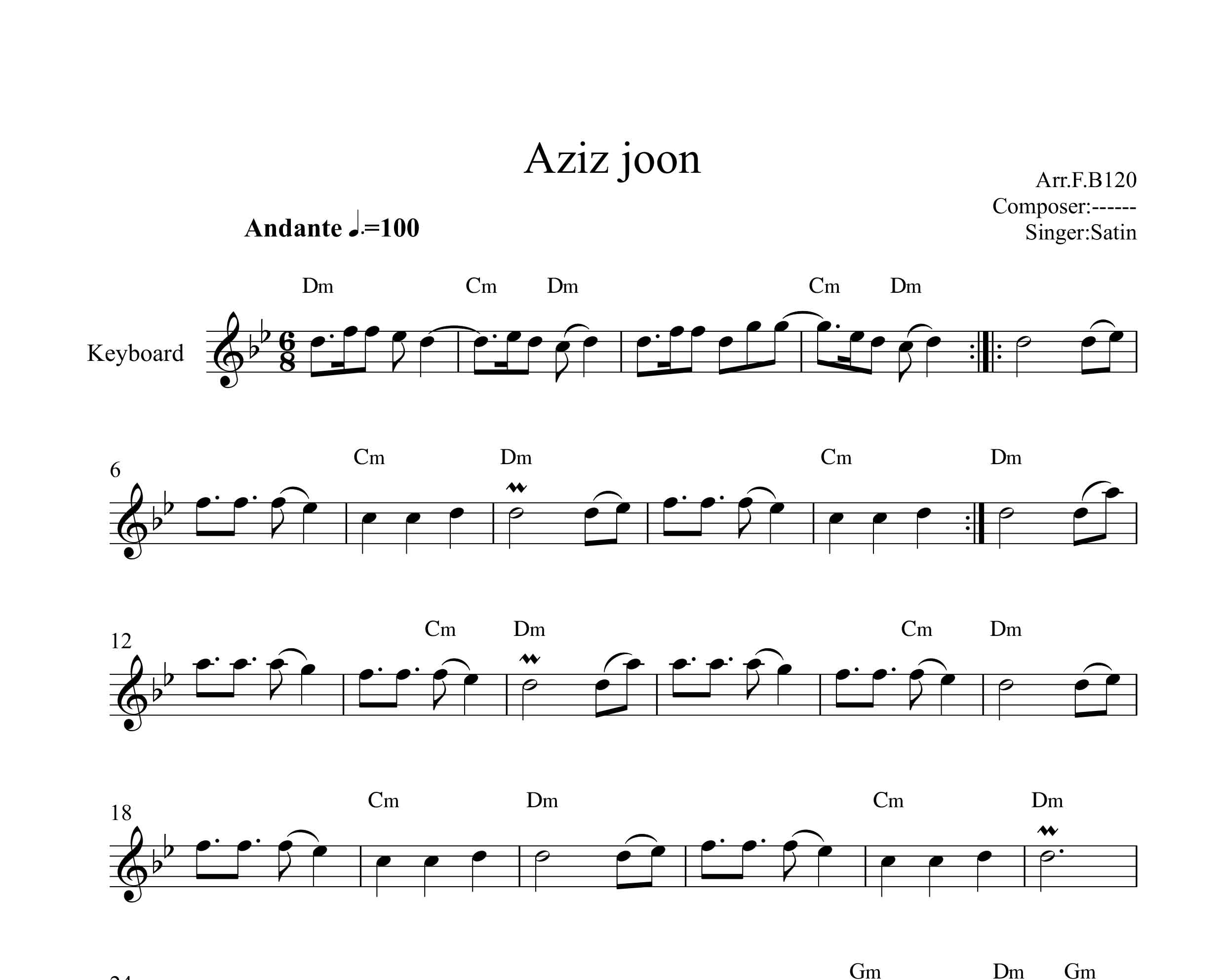 نت کیبورد آهنگ عزیز جون از ستین به همراه آکورد