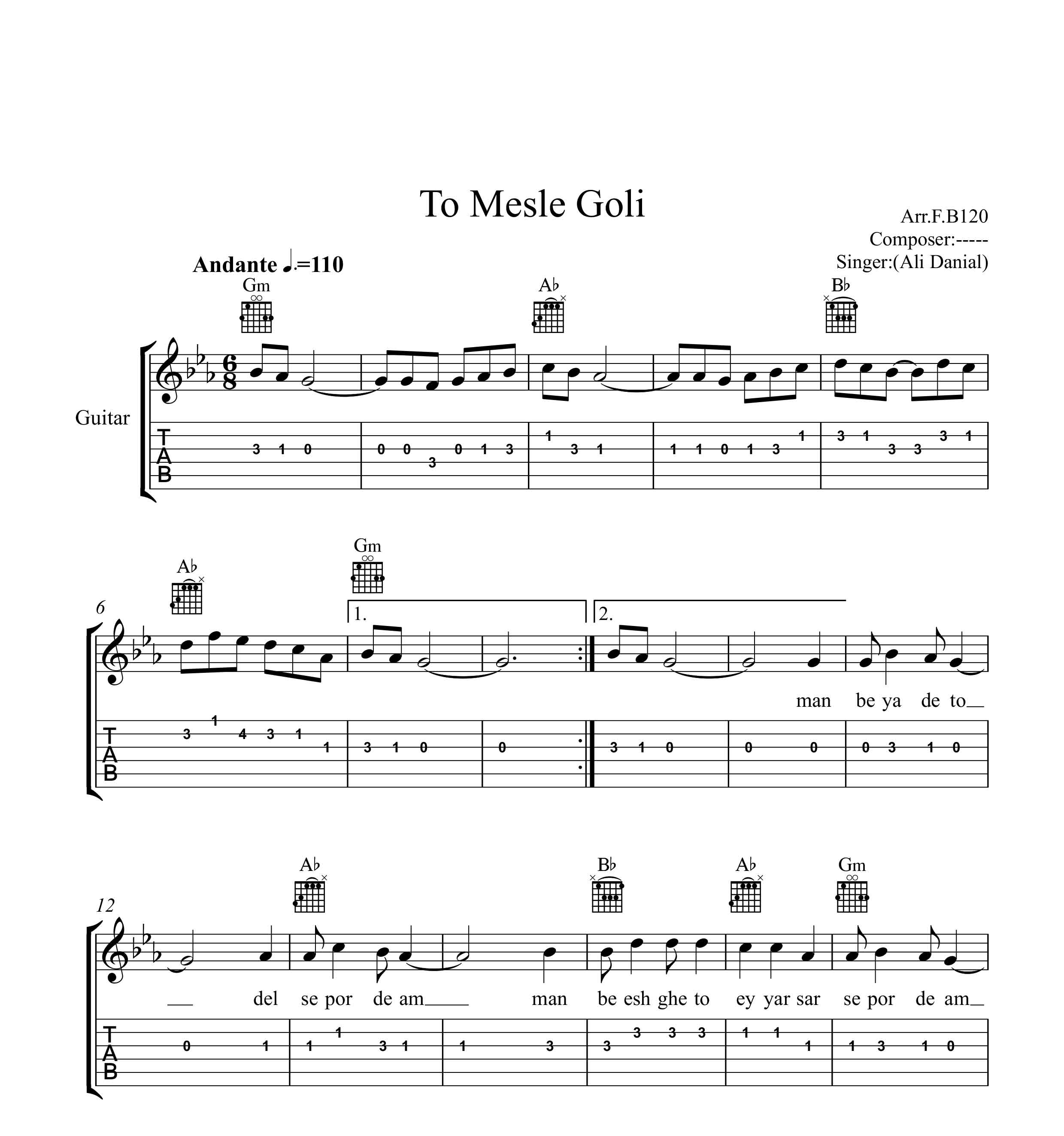 نت گیتار تو مثل گلی علی دانیال به همراه تبلچر و آکورد