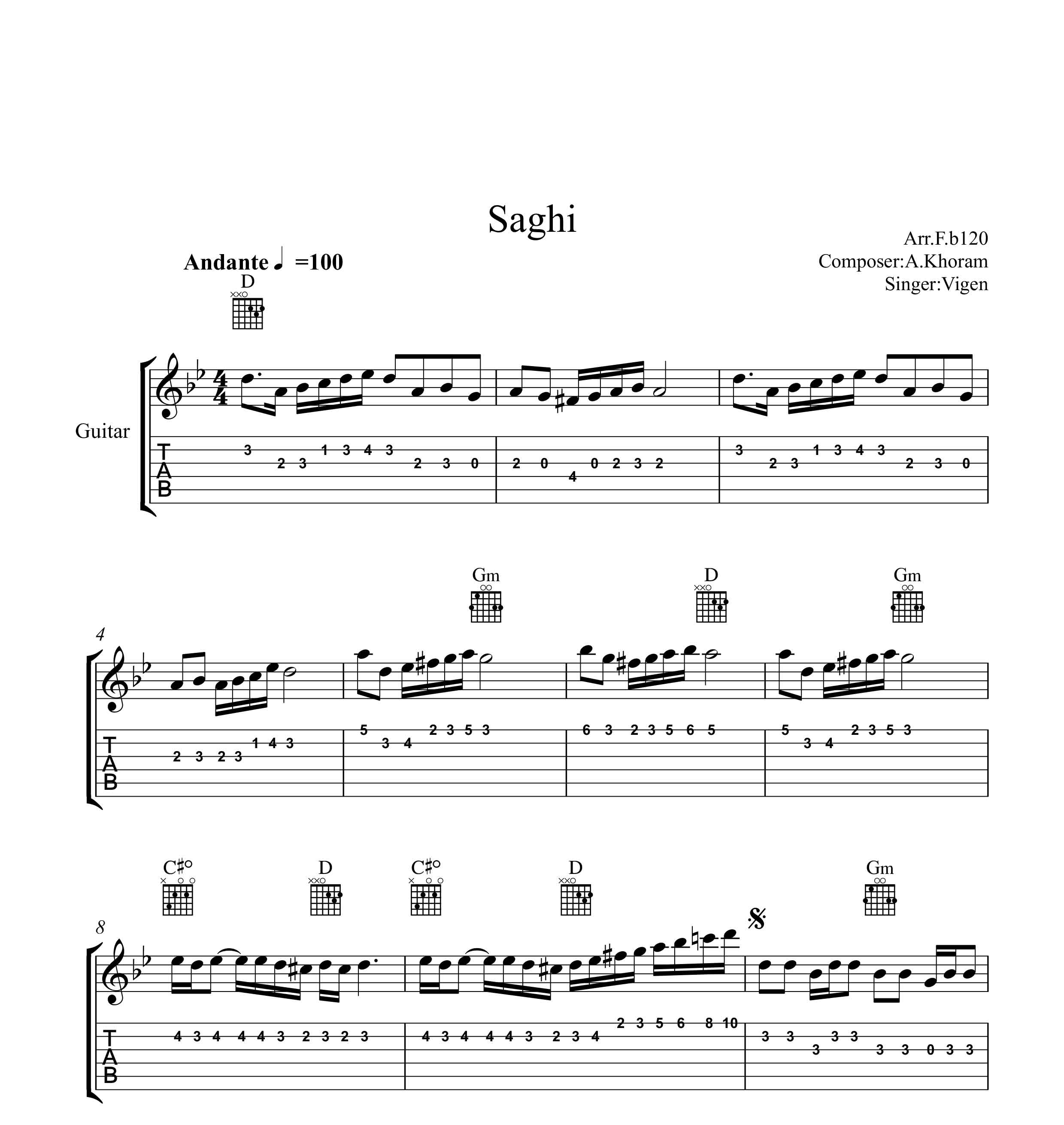 نت گیتار ساقی ویگن به همراه تبلچر و آکورد
