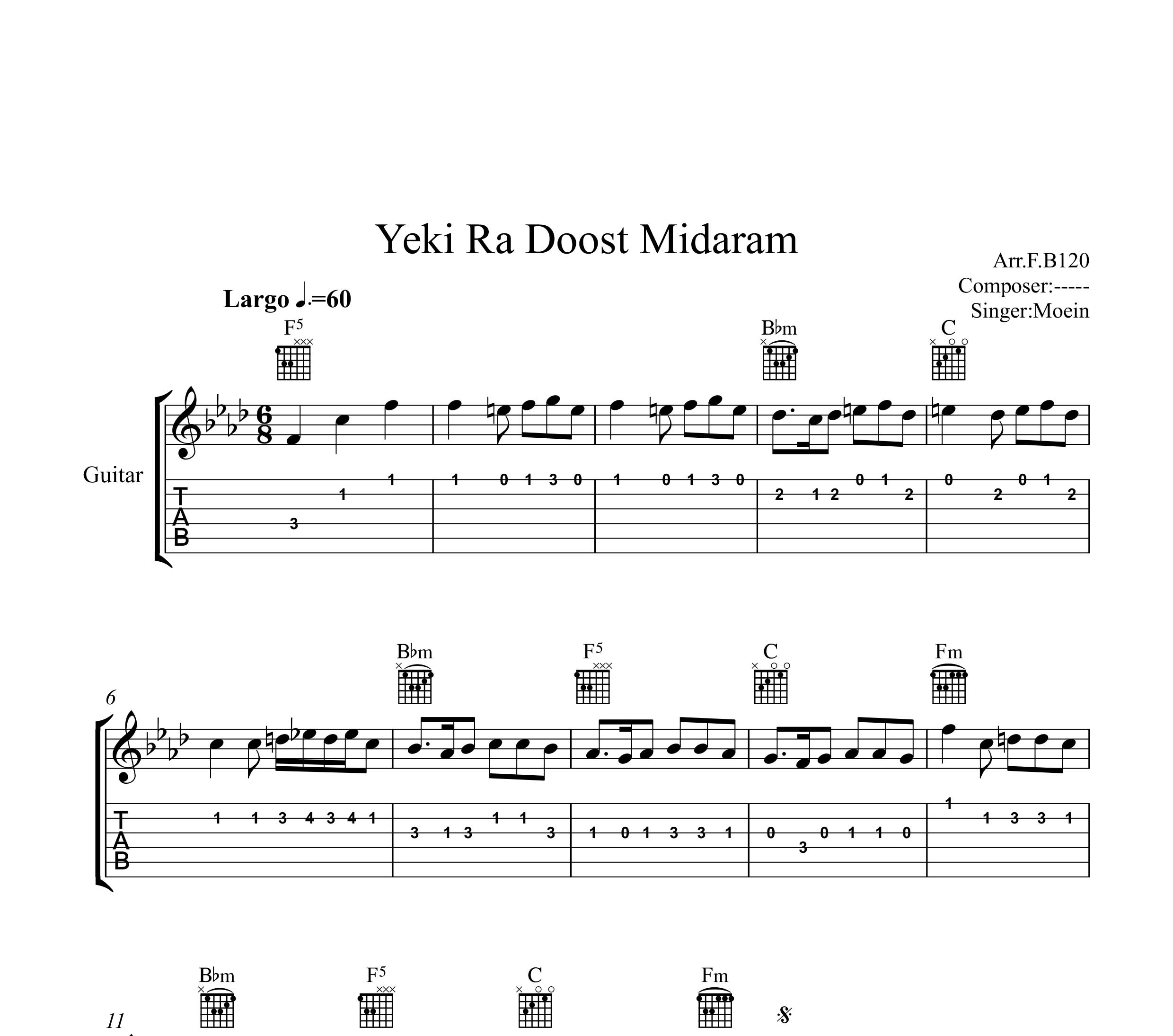 نت گیتار یکی را دوست میدارم معین به همراه تبلچر و آکورد