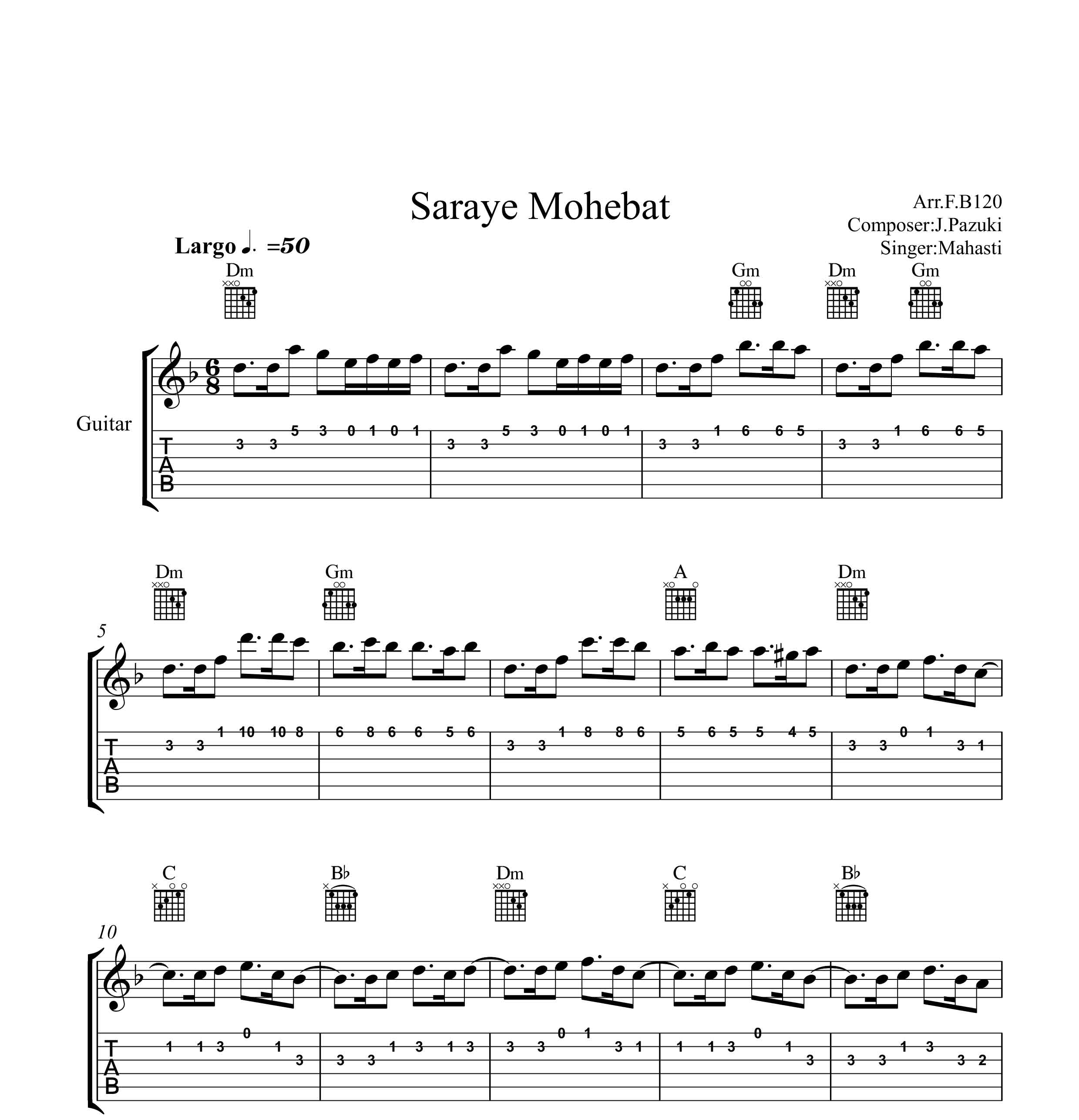 نت گیتار سرای محبت از مهستی بهمراه تبلچر و آکورد