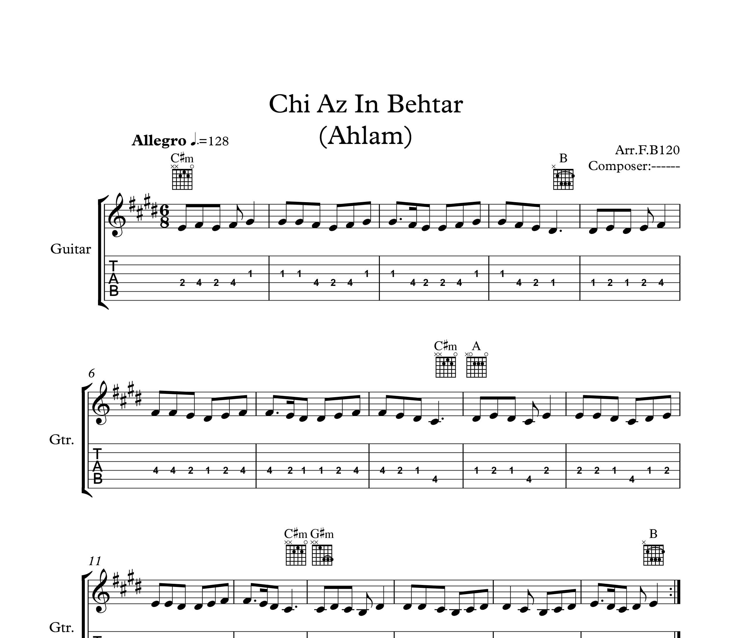 نت گیتار چی از این بهتر از احلام به همراه تبلچر و آکورد