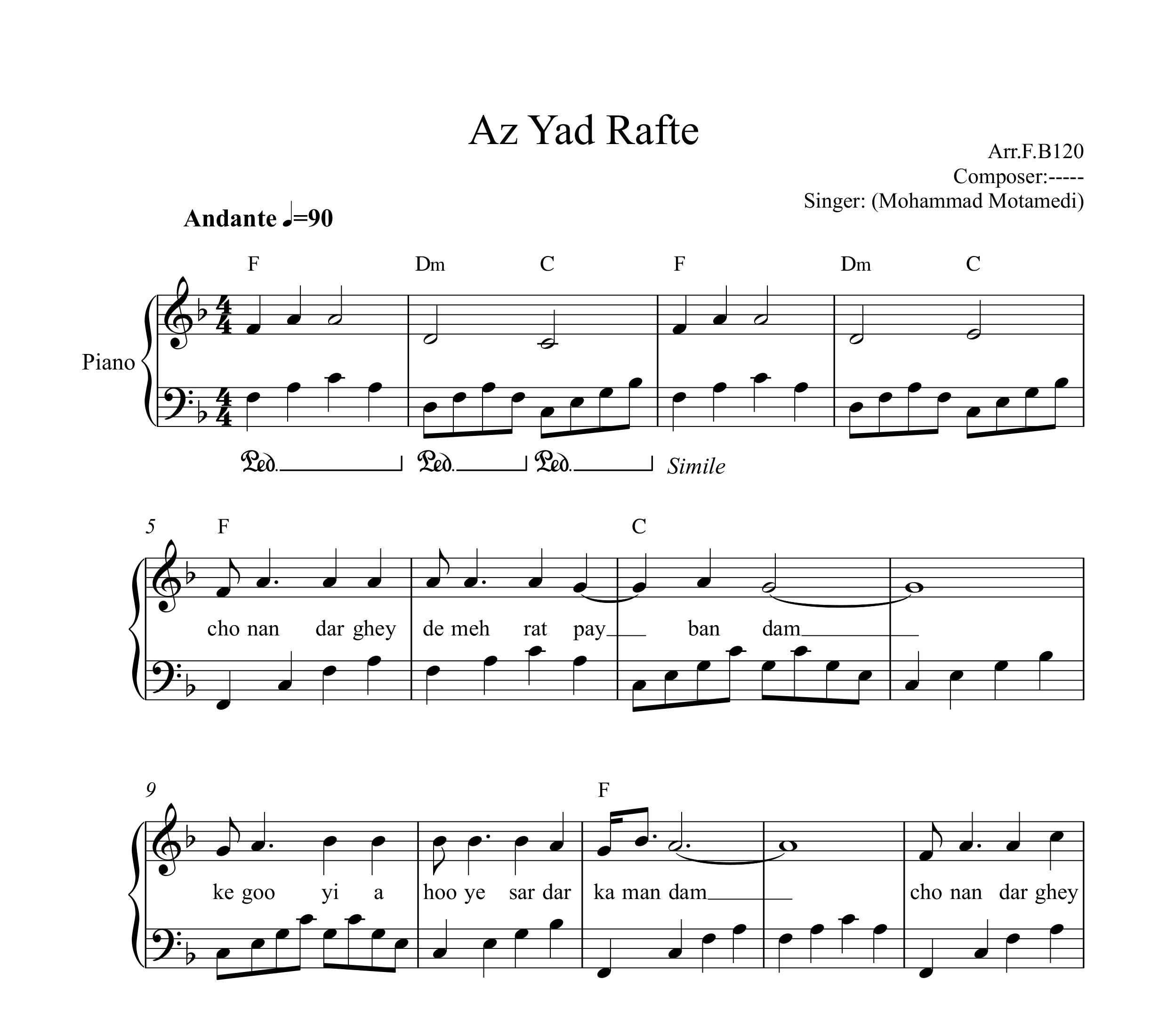 نت پیانو از یاد رفته محمد معتمدی