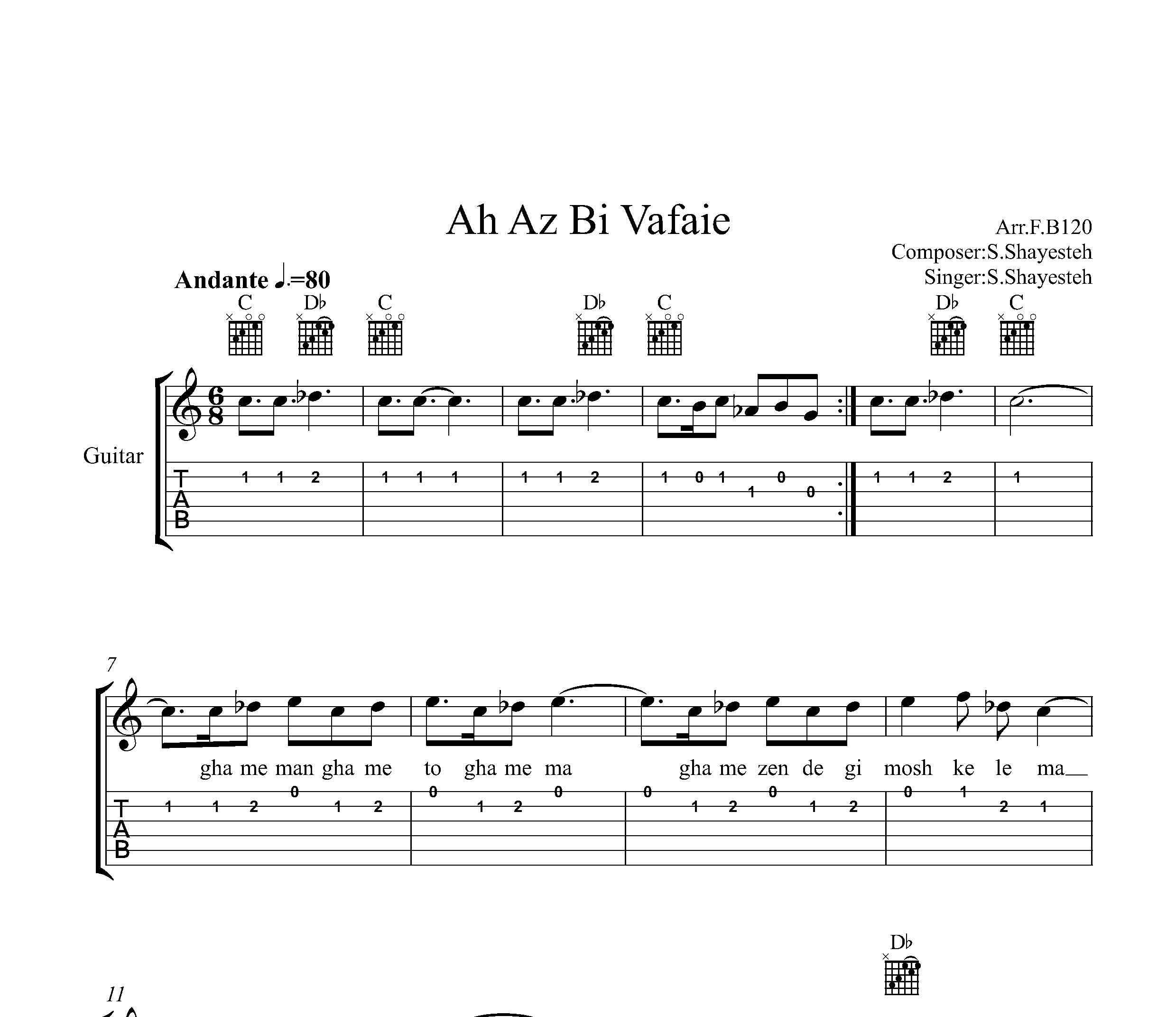 نت گیتار آه از بی وفایی سعید شایسته به همراه تبلچر و آکورد