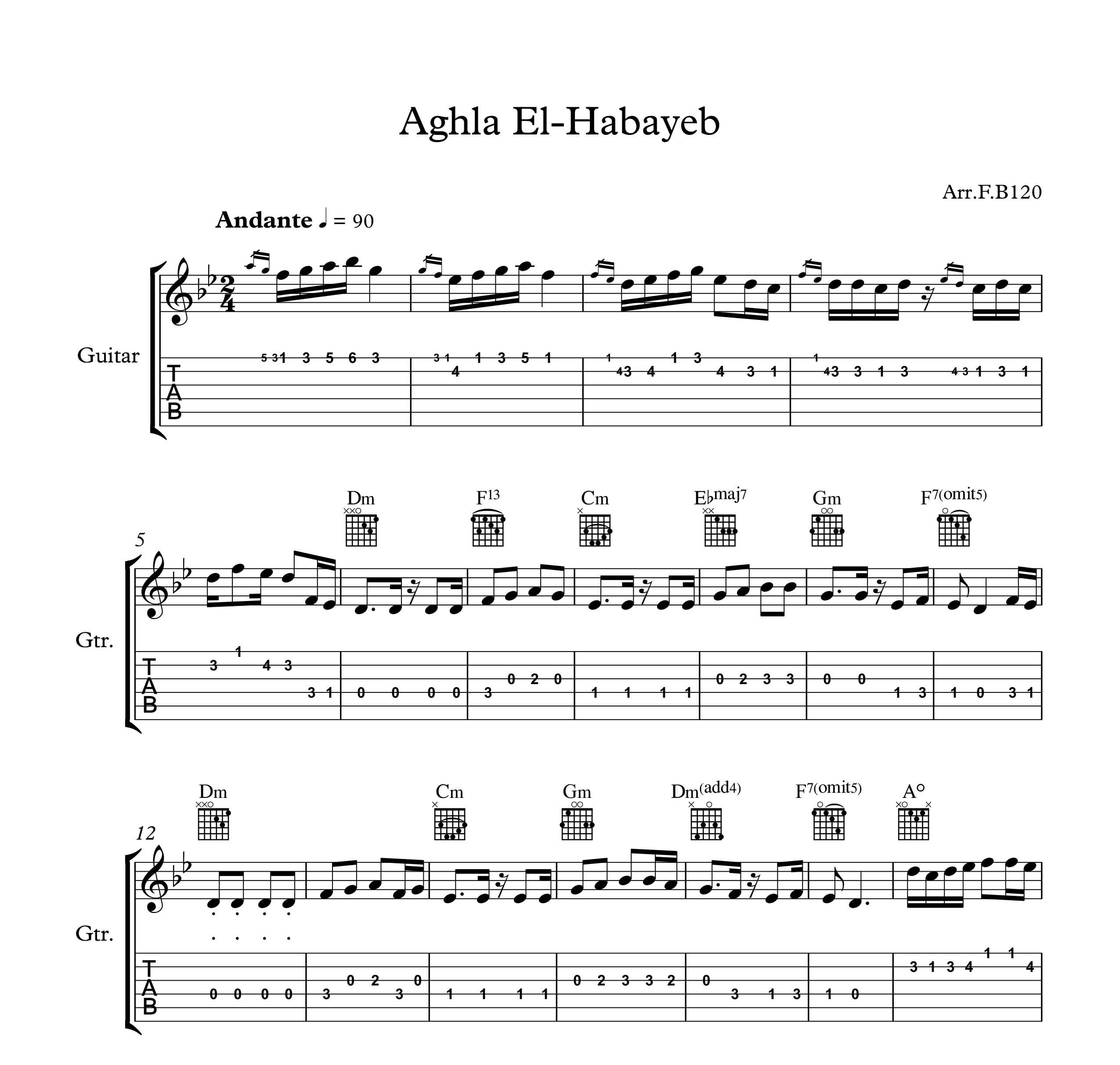 نت و تبلچر آهنگ aghla el habayeb برای گیتار به همراه آکورد