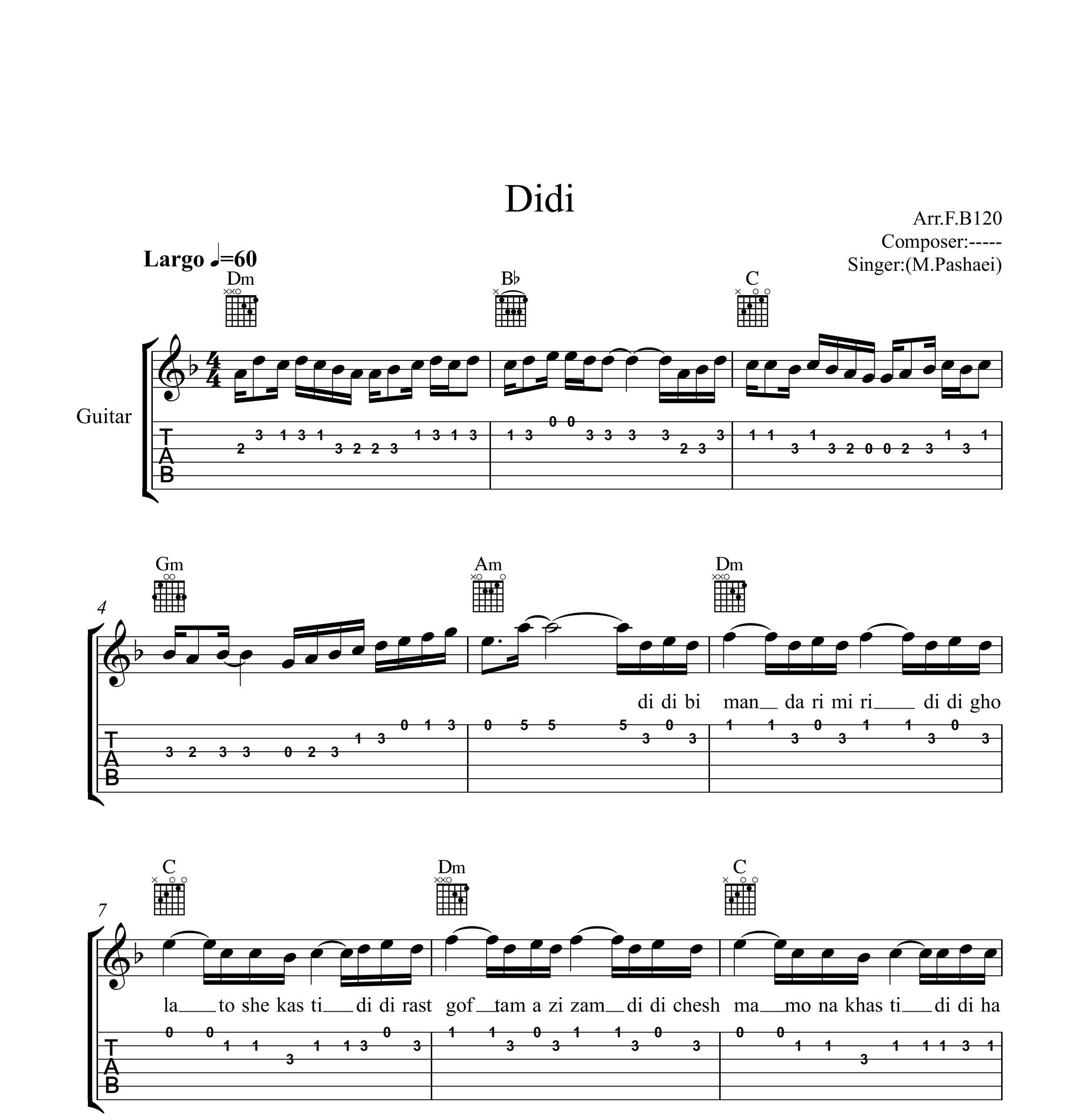 نت گیتار دیدی مرتضی پاشایی به همراه تبلچر و آکورد
