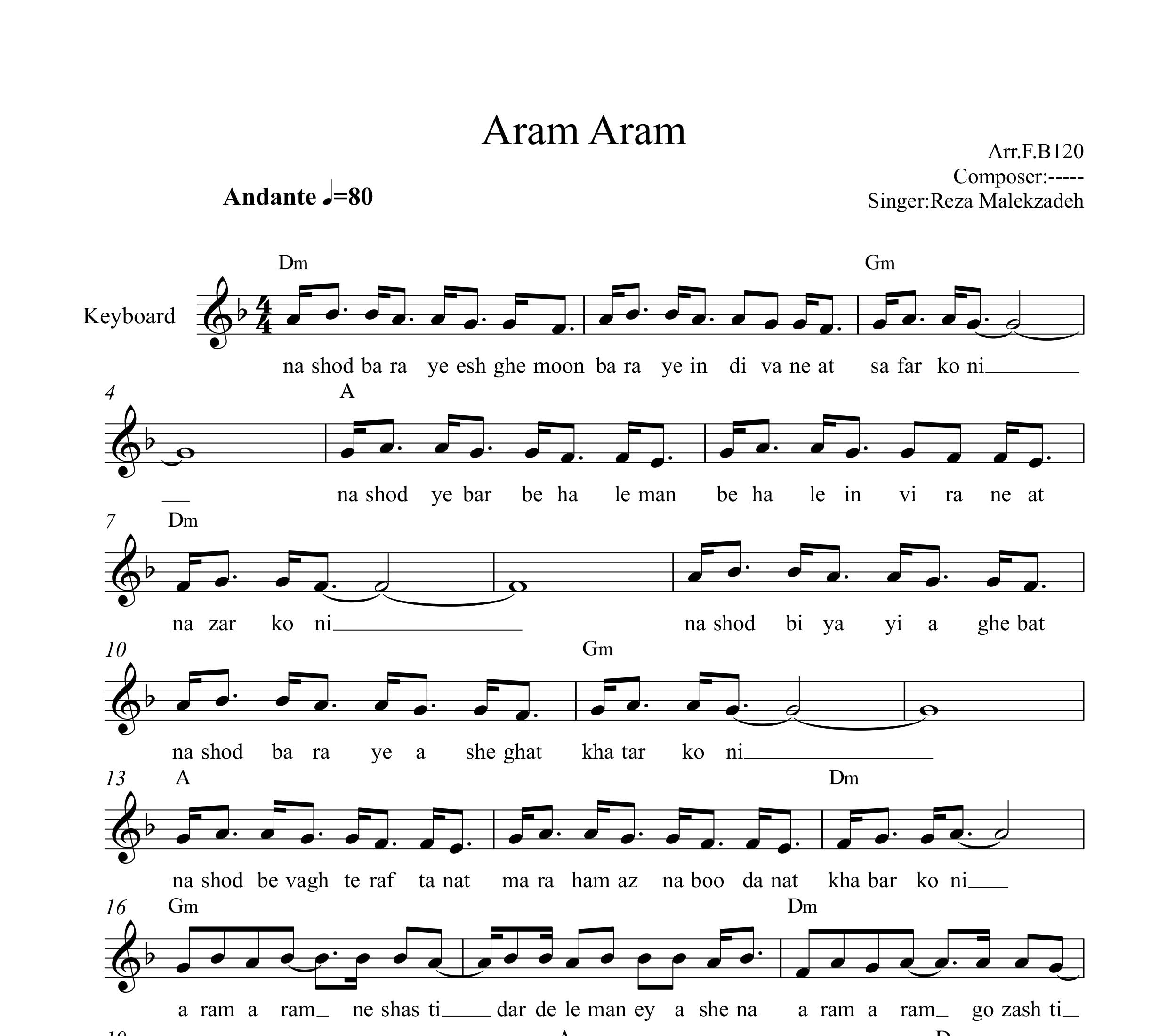 نت کیبورد آرام آرام رضا ملک زاده به همراه آکورد