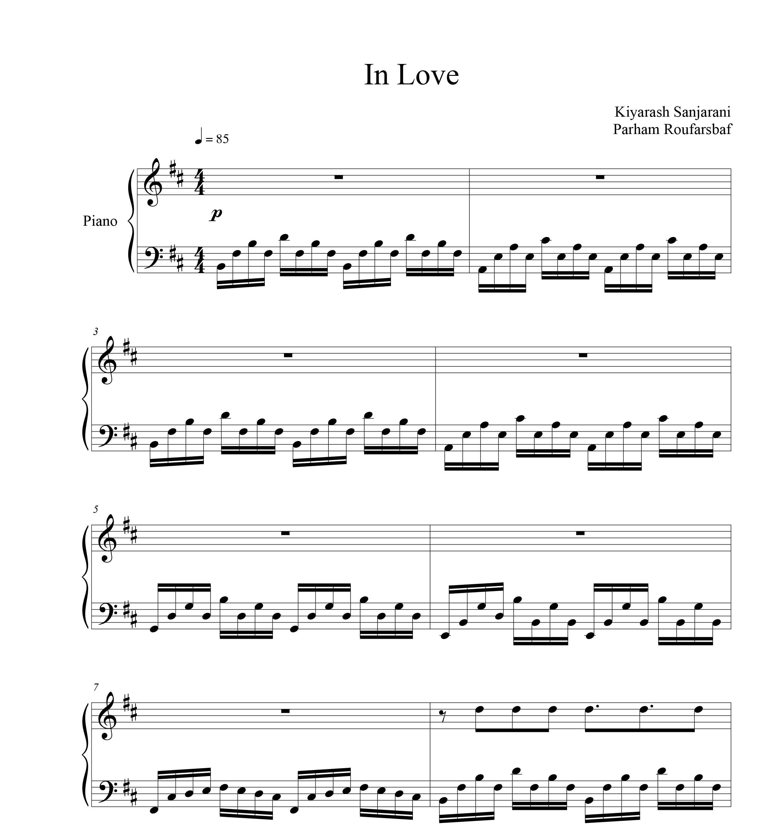 نت پیانو  عاشق  In love اثر کیارش سنجرانی