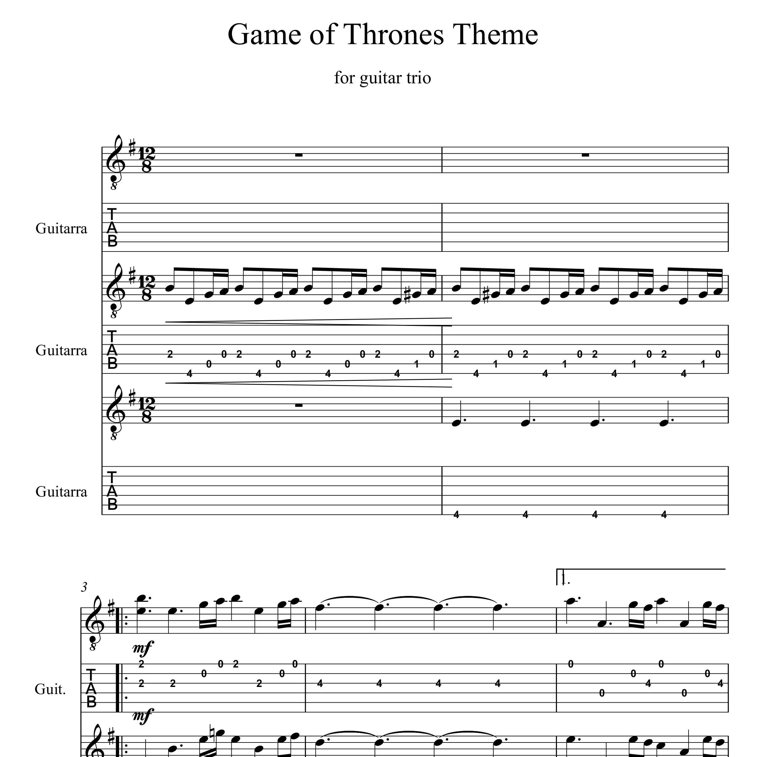 نت و تبلچر آهنگ game of thrones گیم اف ترونز برای سه نوازی گیتار