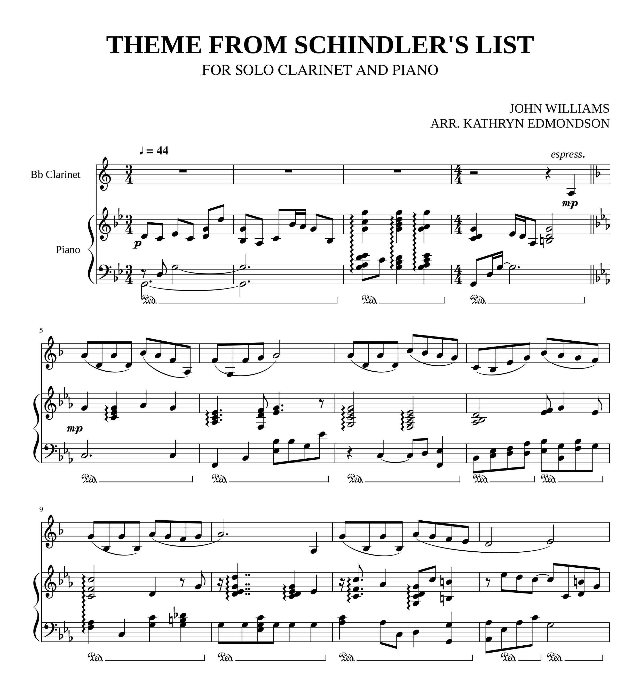 نت آهنگ فهرست شیندلر Schindlers List برای دونوازی پیانو و کلارینت
