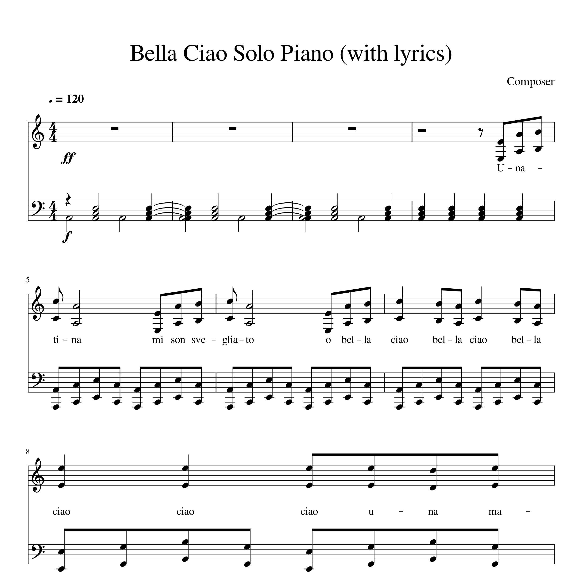 نت پیانو بلاچاو  Bella Ciao نسخه ساده همراه با شعر آهنگ