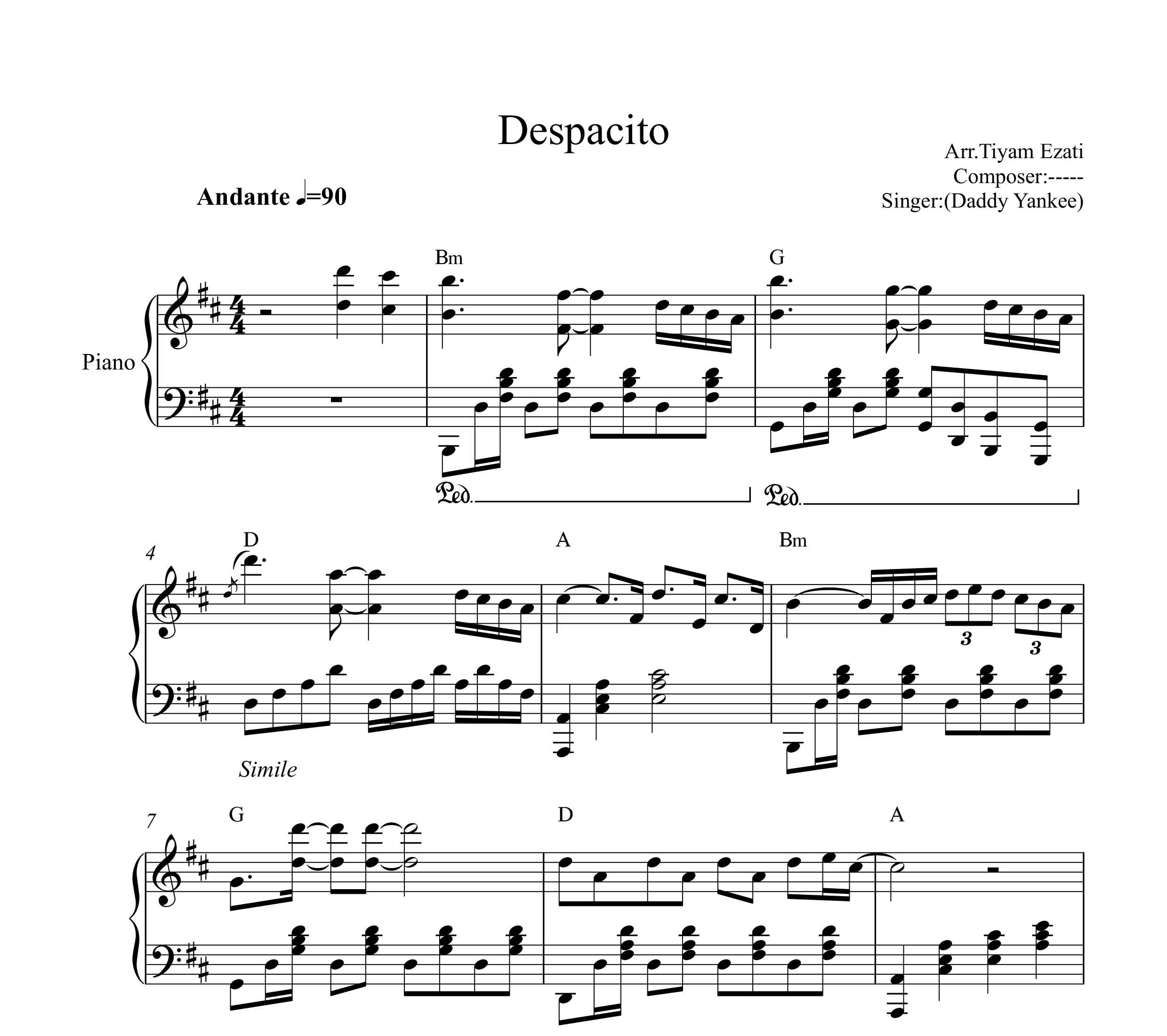 نت پیانو نسخه پیشرفته despacito همراه با آکورد