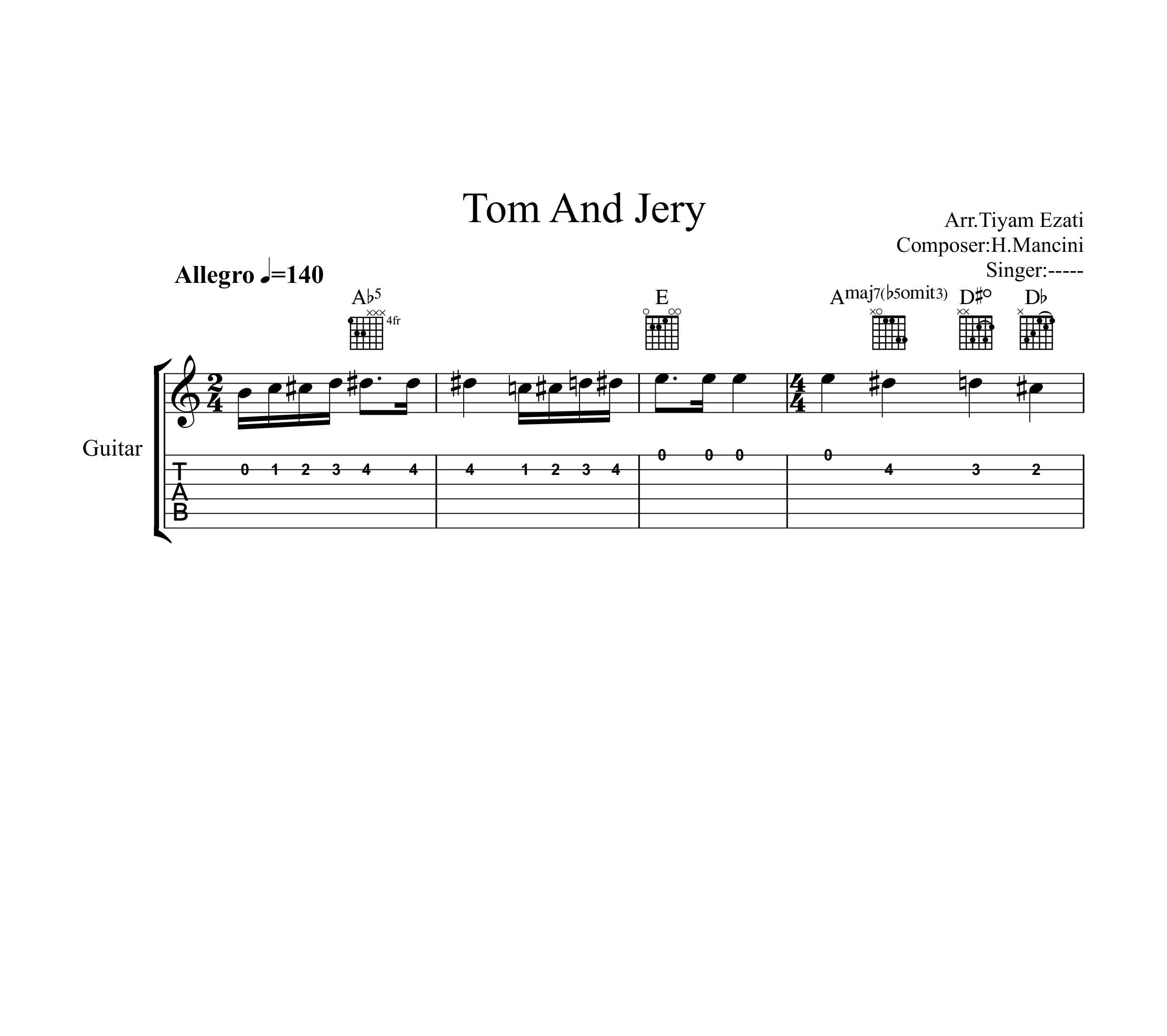 نت گیتار Tom And Jerry تام و جری به همراه تبلچر و آکورد