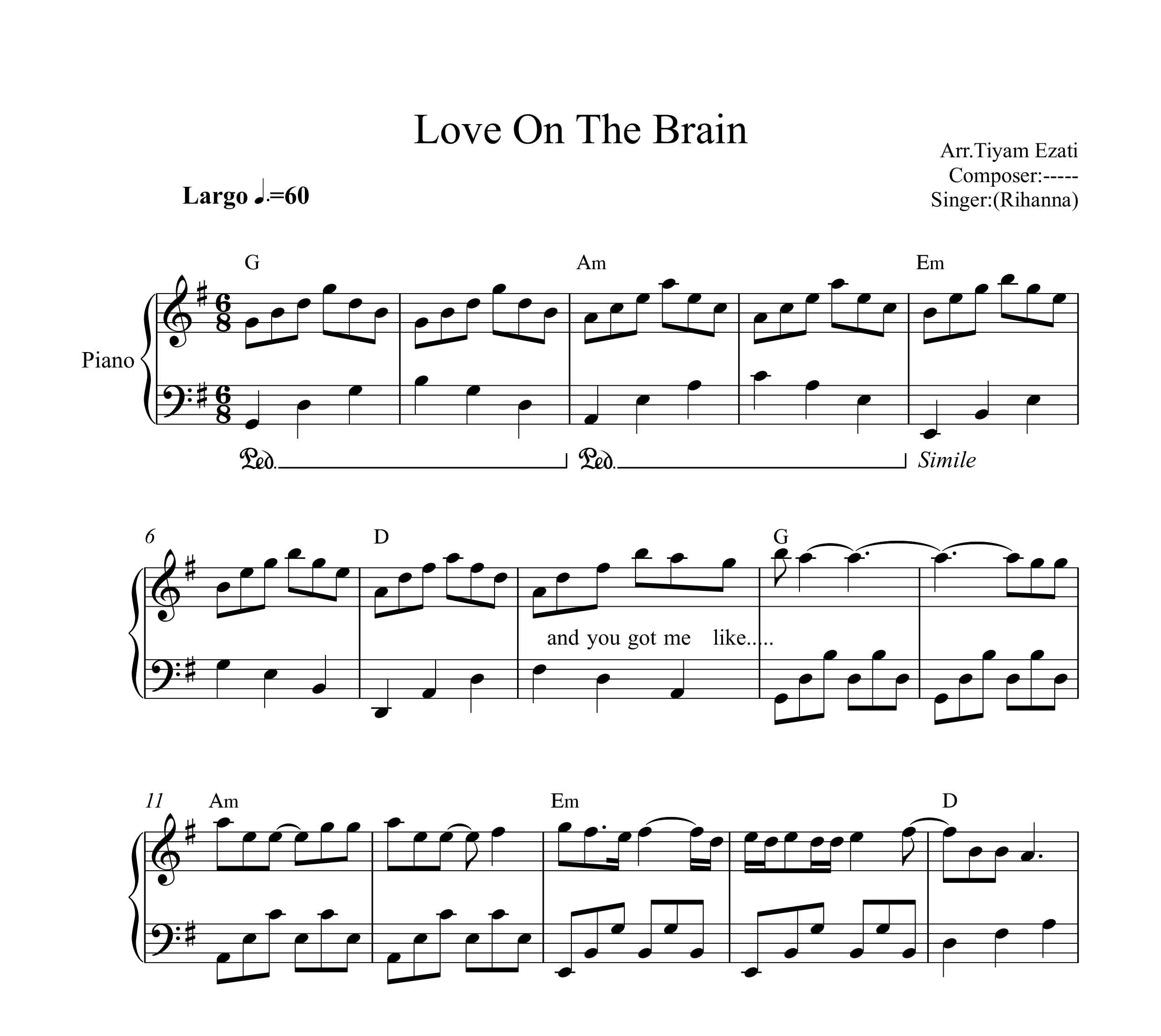 نت پیانوی  Love on the Brain از Rihanna