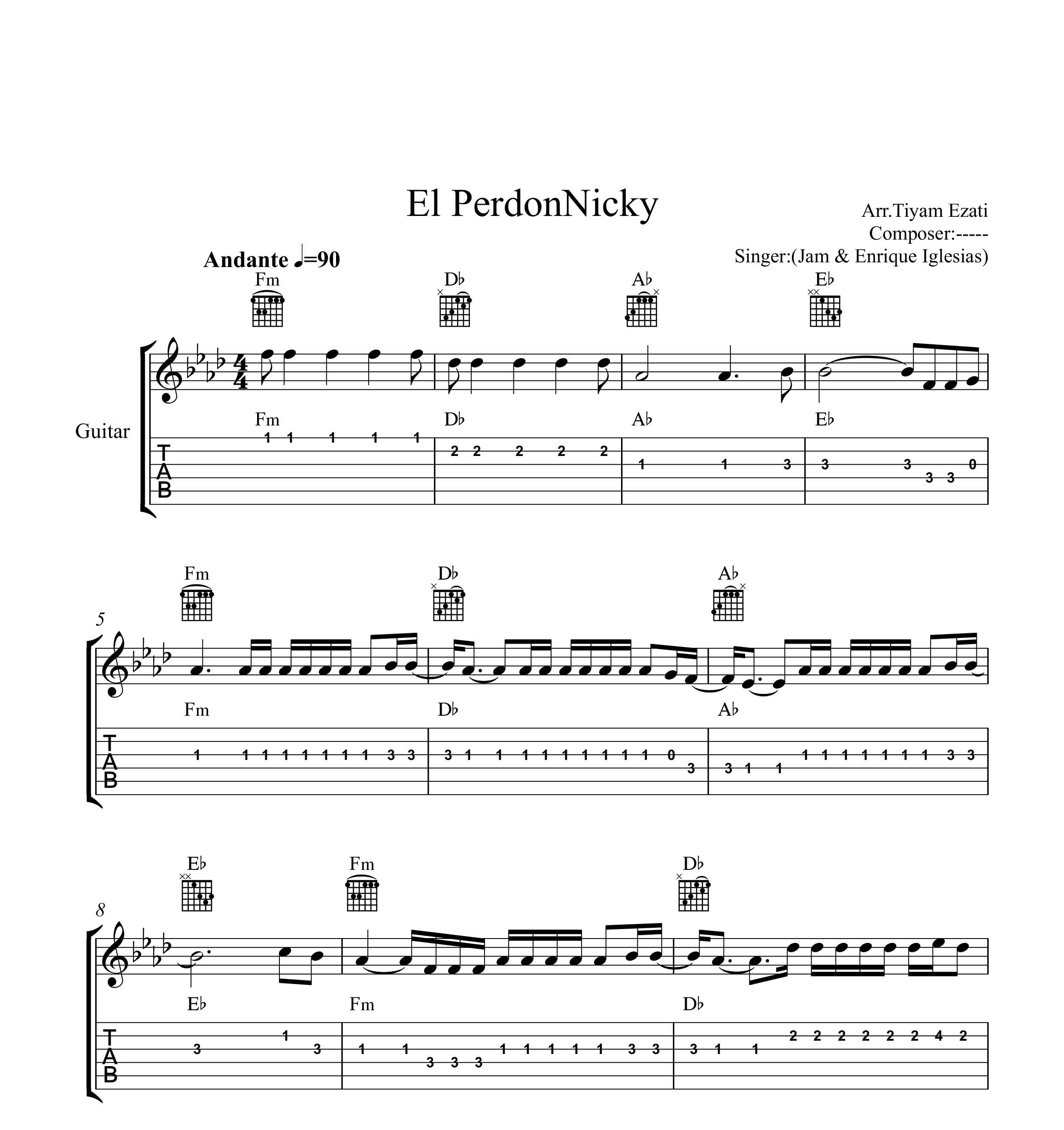 نت گیتار El Perdon از انریکه به همراه تبلچر و آکورد