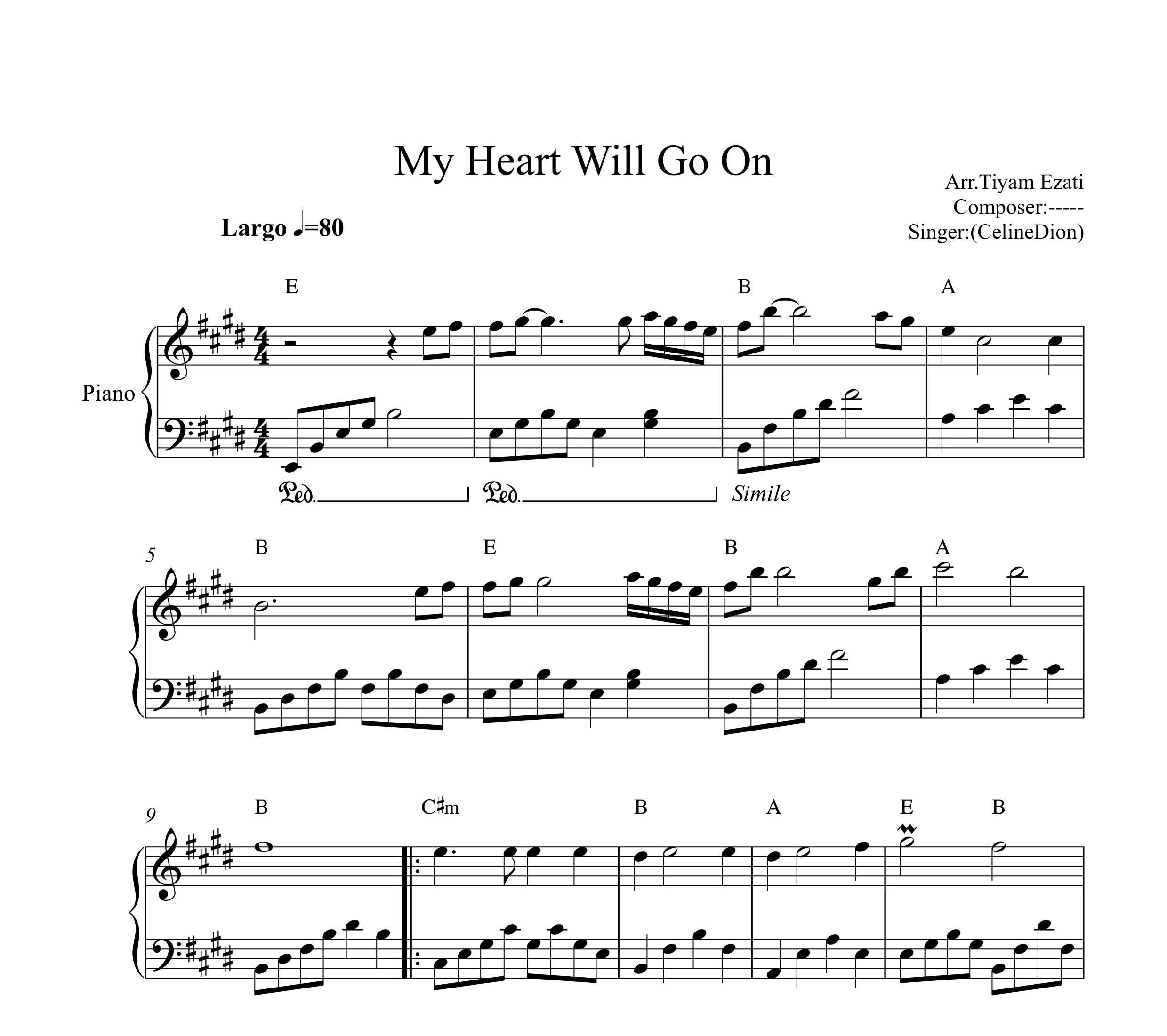 نت پیانو My Heart Will Go On فیلم  تایتانیک