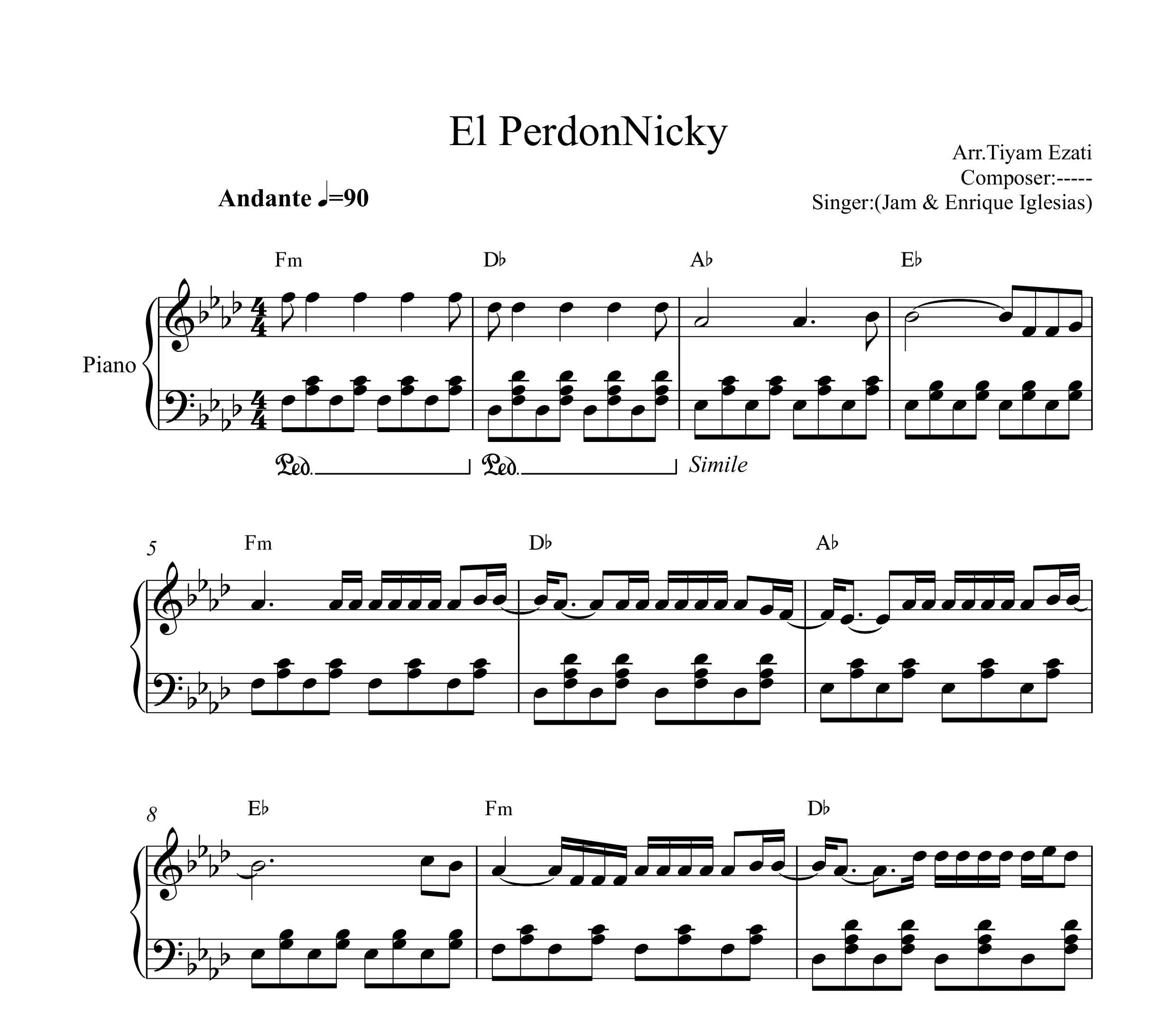 نت پیانوی اهنگ El Perdon از انریکه