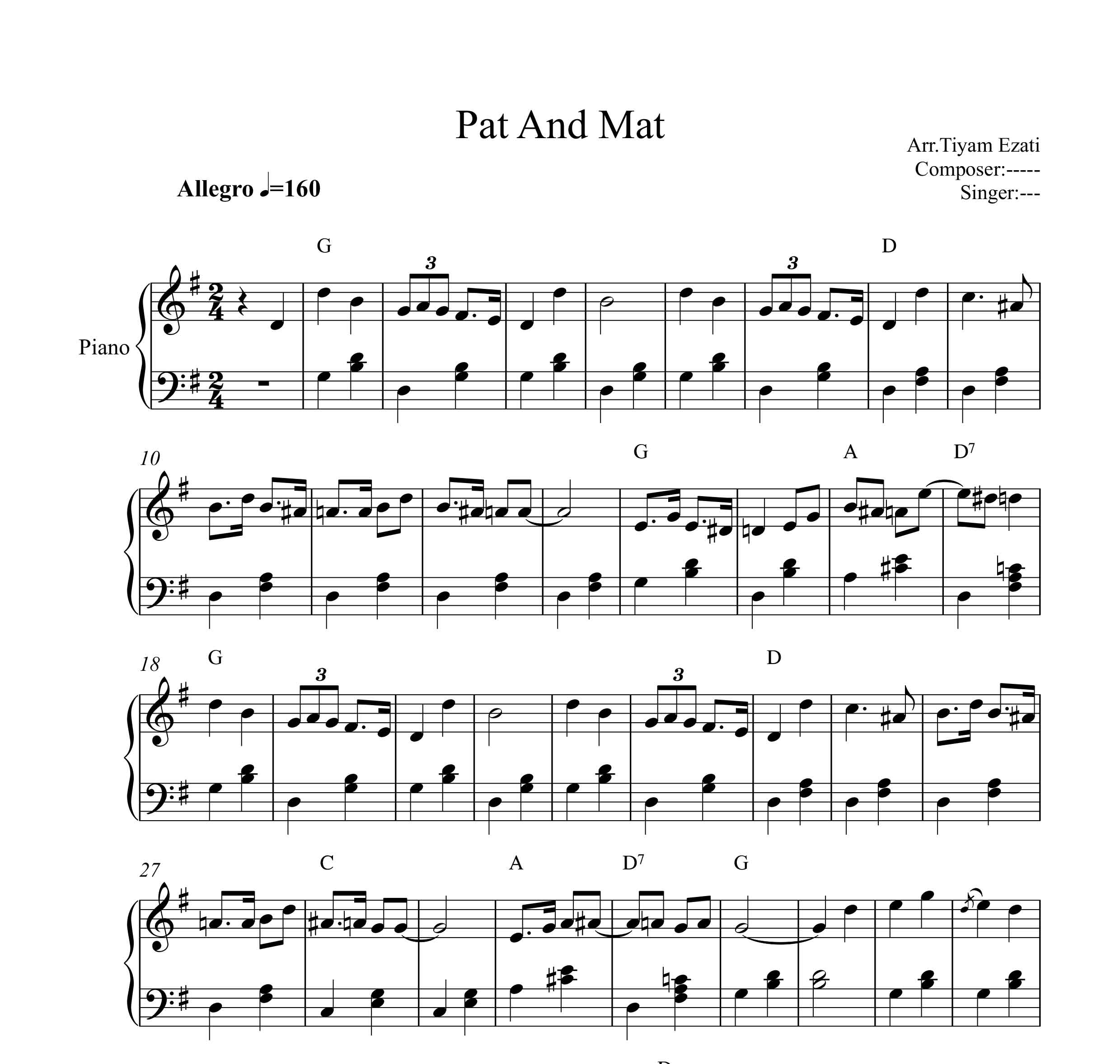 نت ملودی Pat and Mat برای پیانو