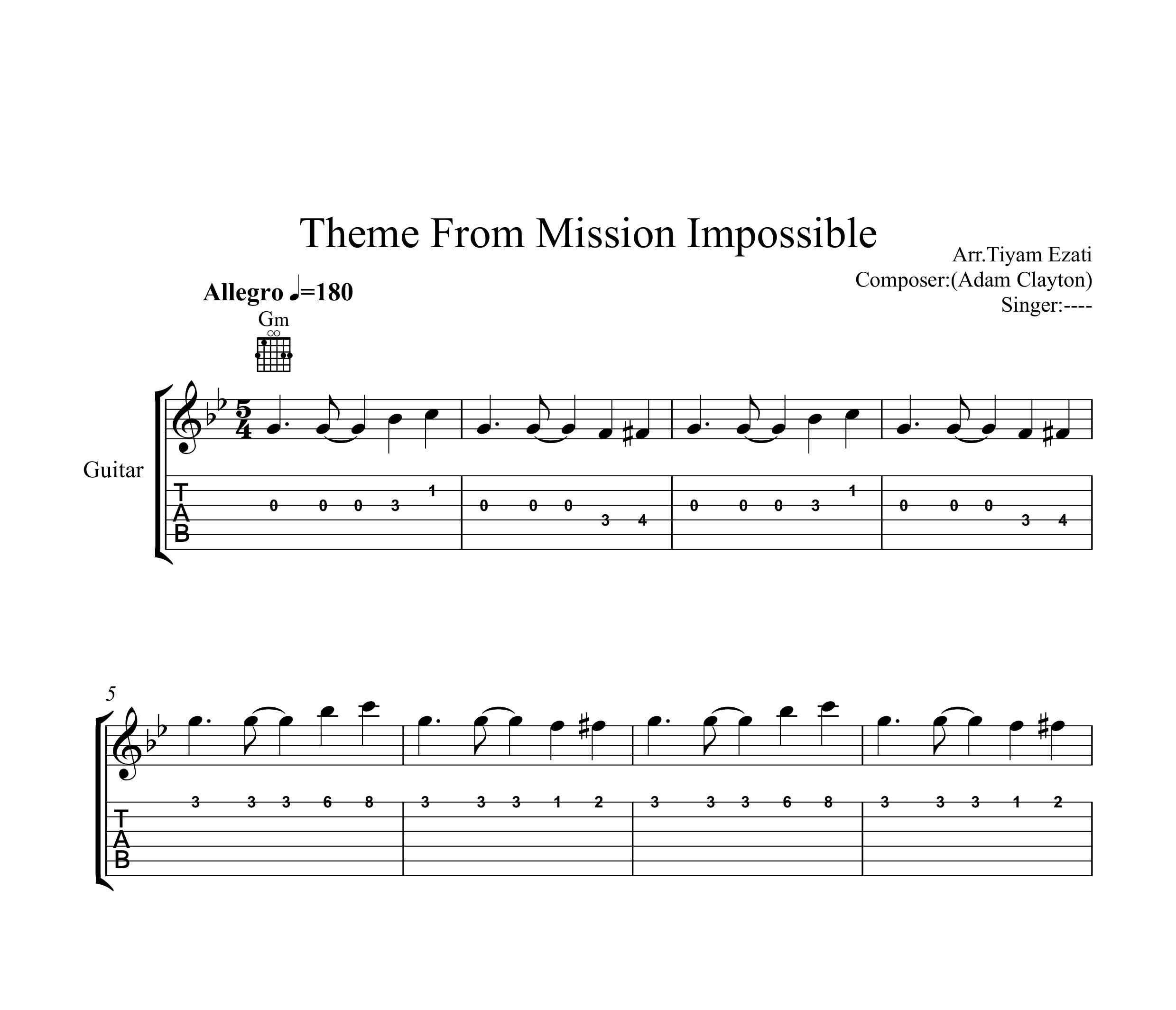 نت گیتار فیلم ماموریت غیر ممکن Mission Impossible به همراه تبلچر و آکورد