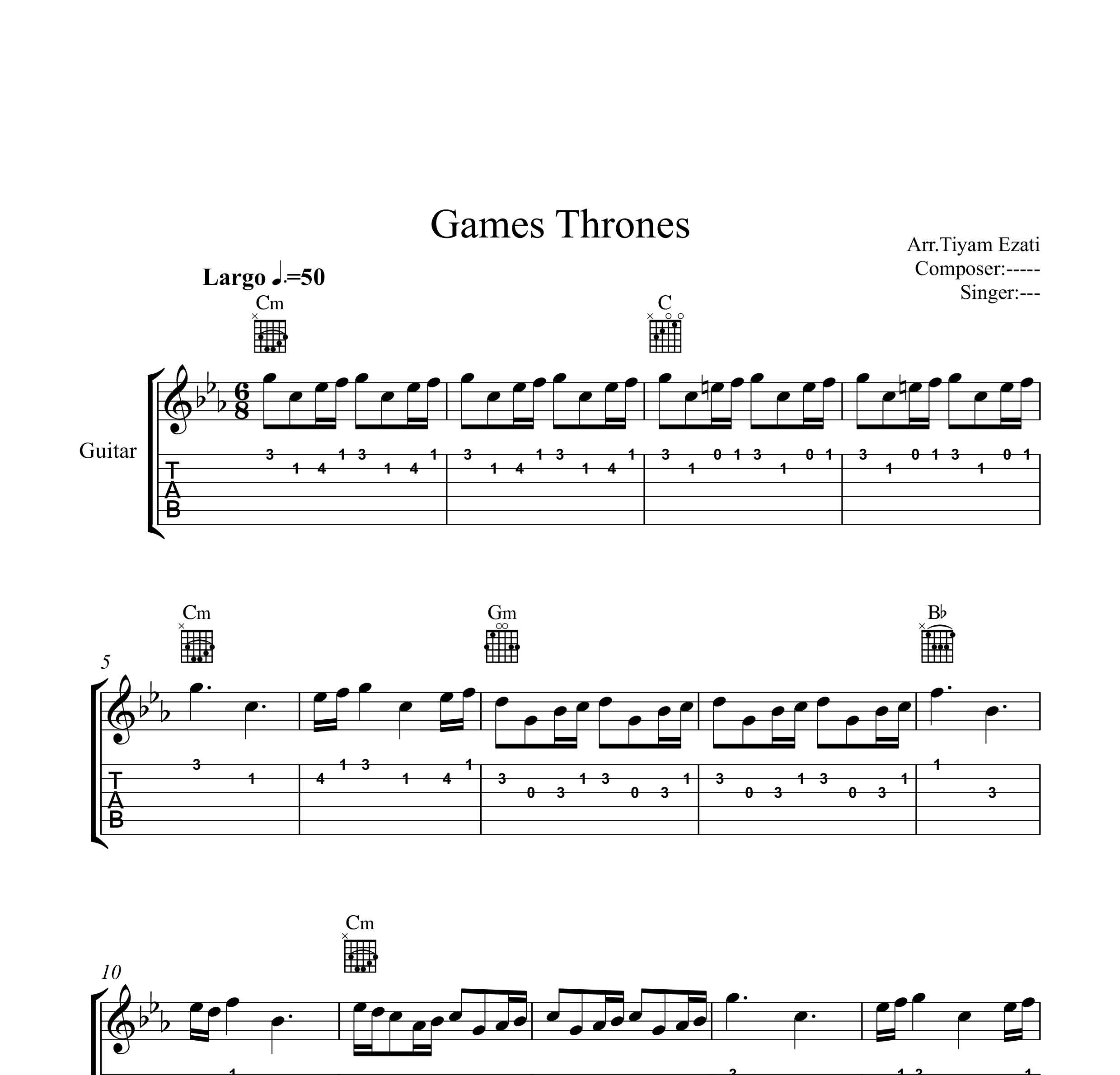 نت گیتار سریال Game of thrones به همراه تبلچر و آکورد