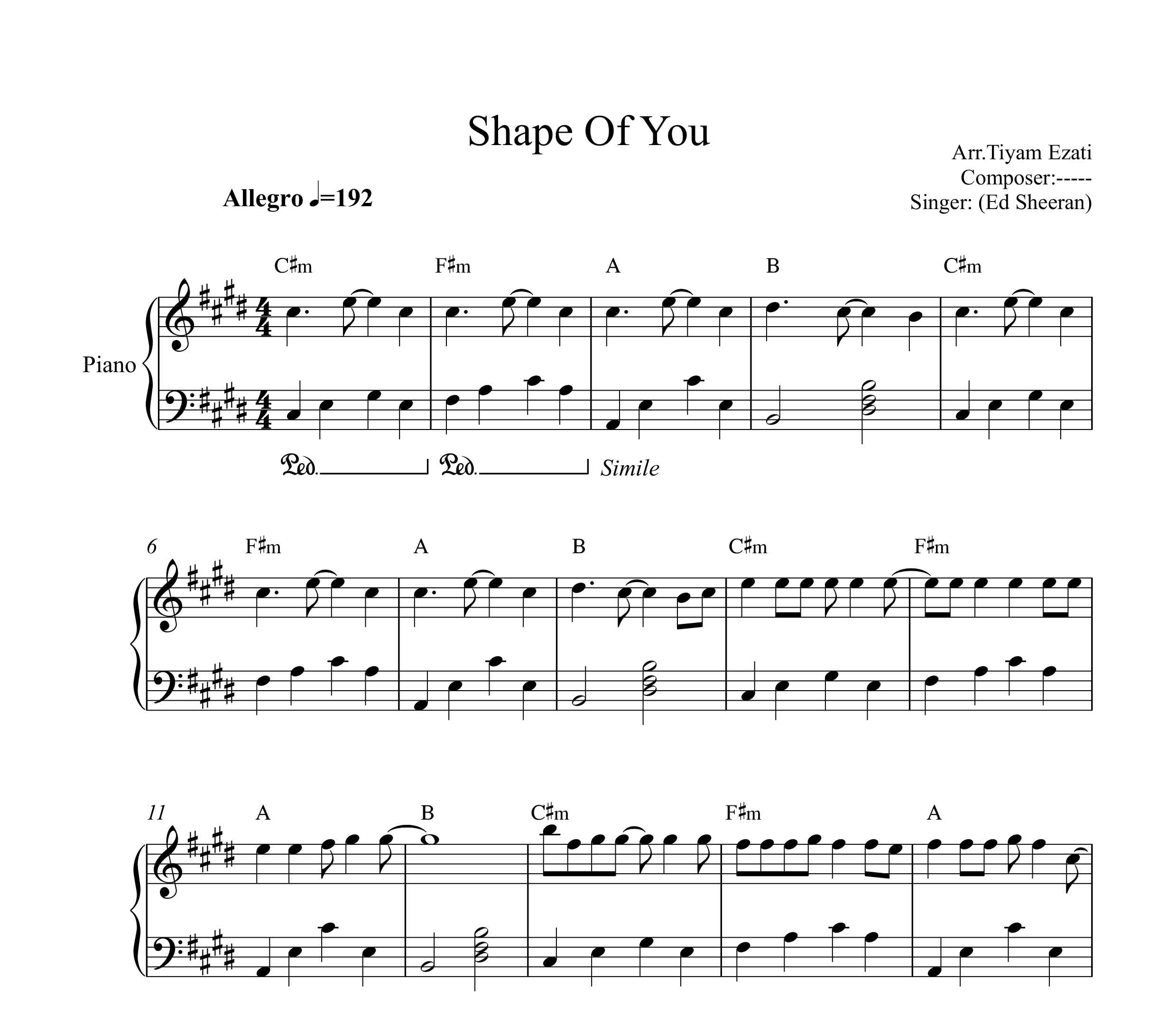 نت پیانوی shape of you  نسخه ساده