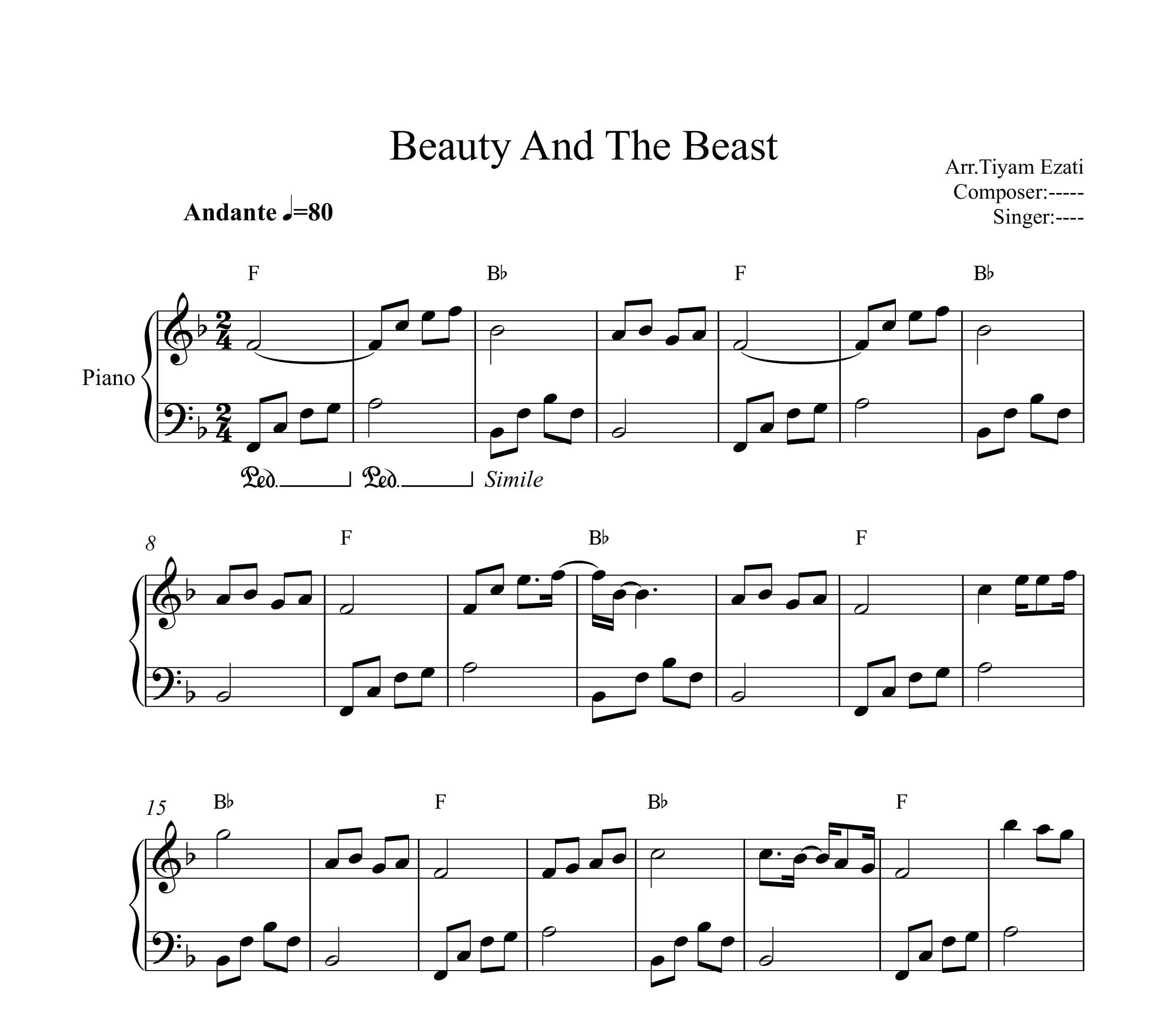 نت پیانوی فیلم دیو و دلبر Beauty and the Beast