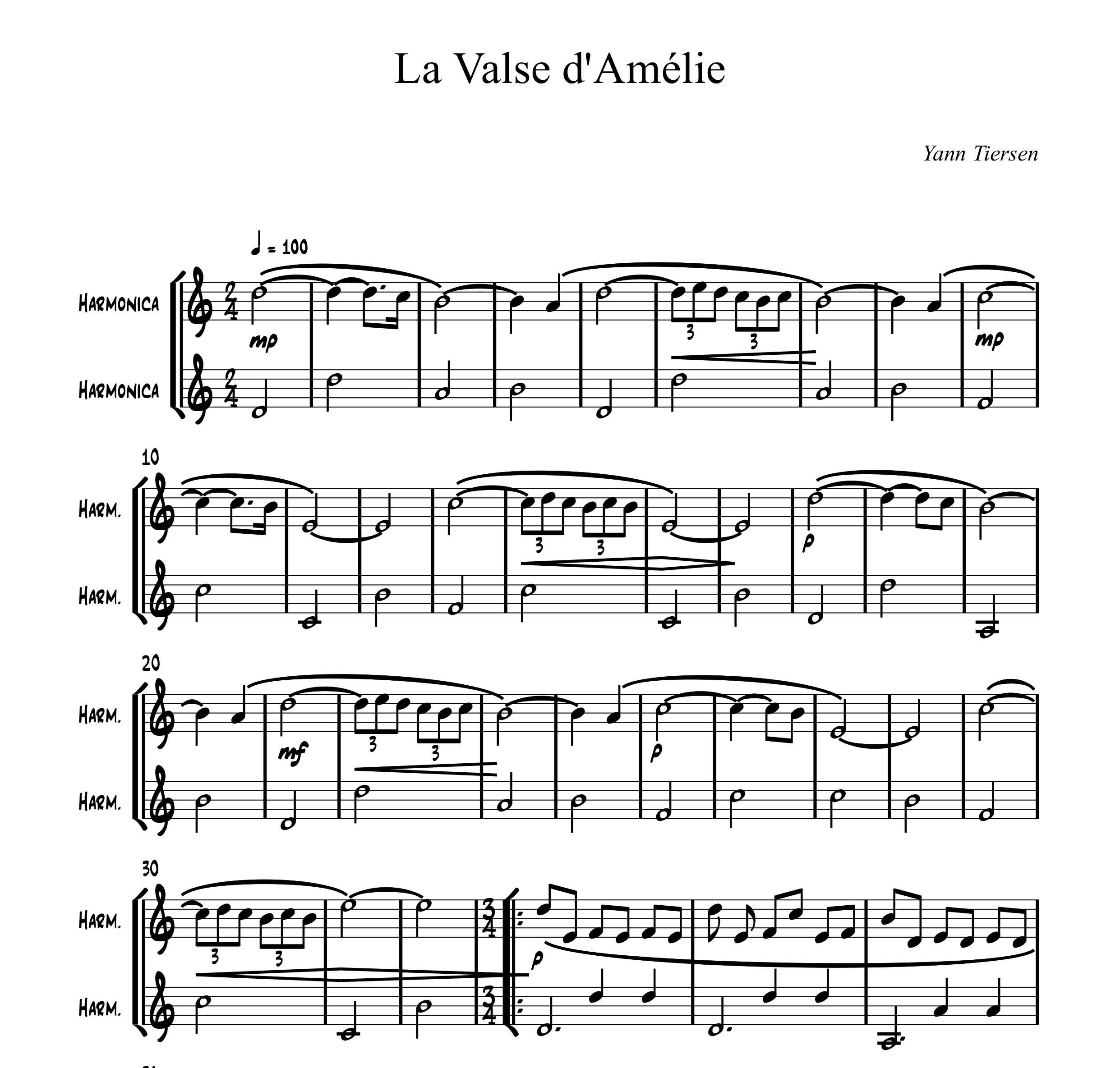 نت آهنگ la valse d Amelie برای دوئت هارمونیکا