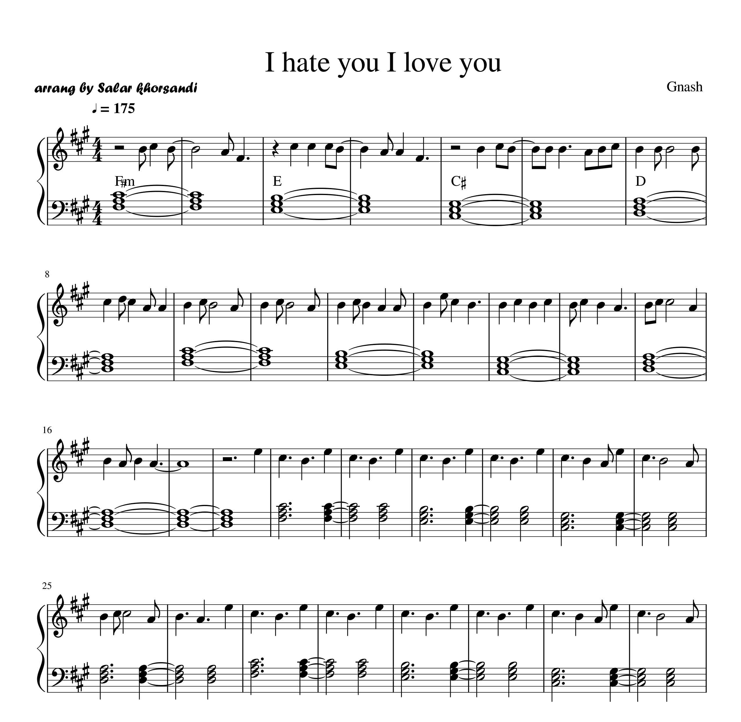 نت پیانو آهنگ (I Hate U I Love U) از Gnash ساده