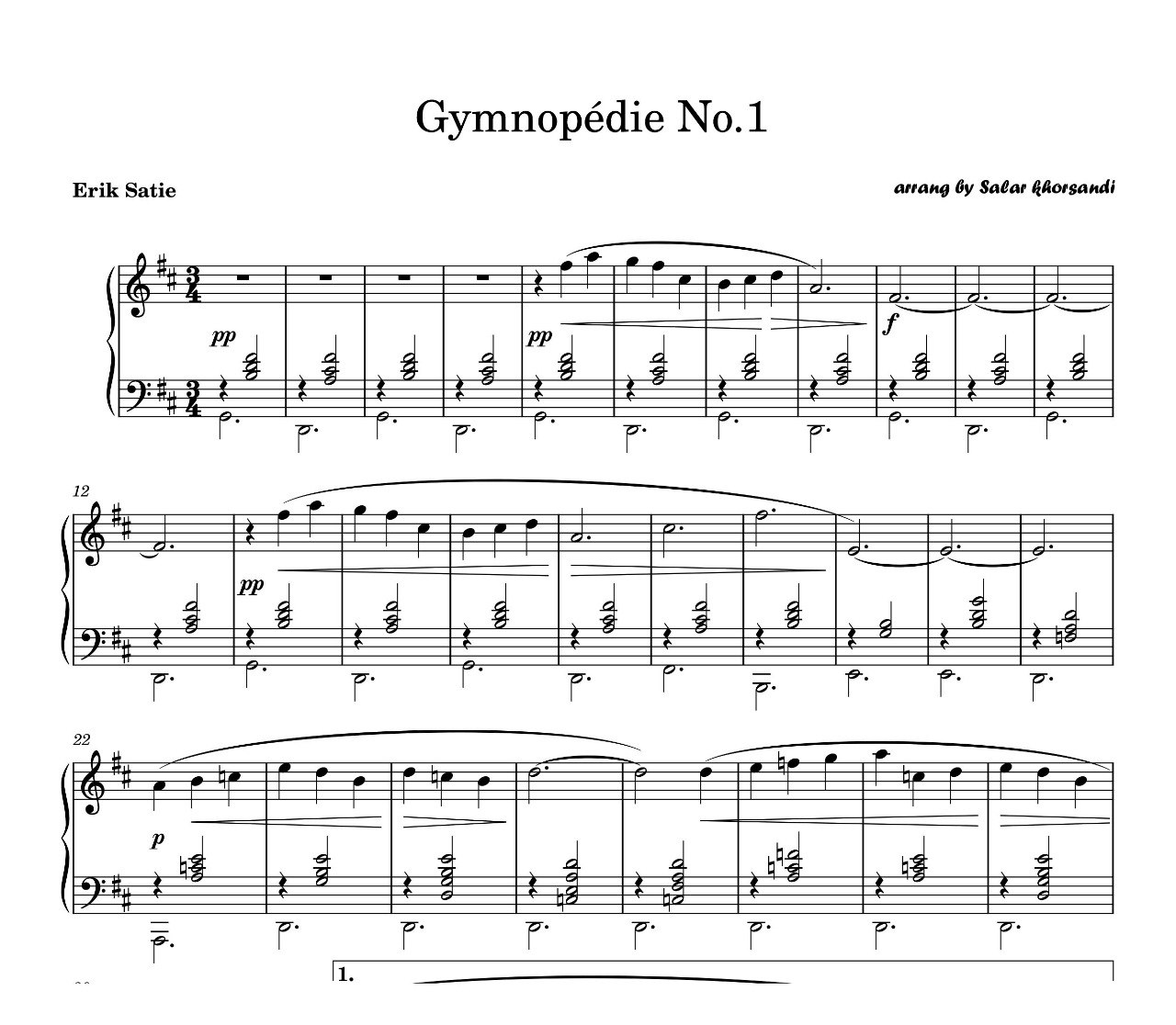 نت پیانو Gymnopedie No1 از اریک ساتی
