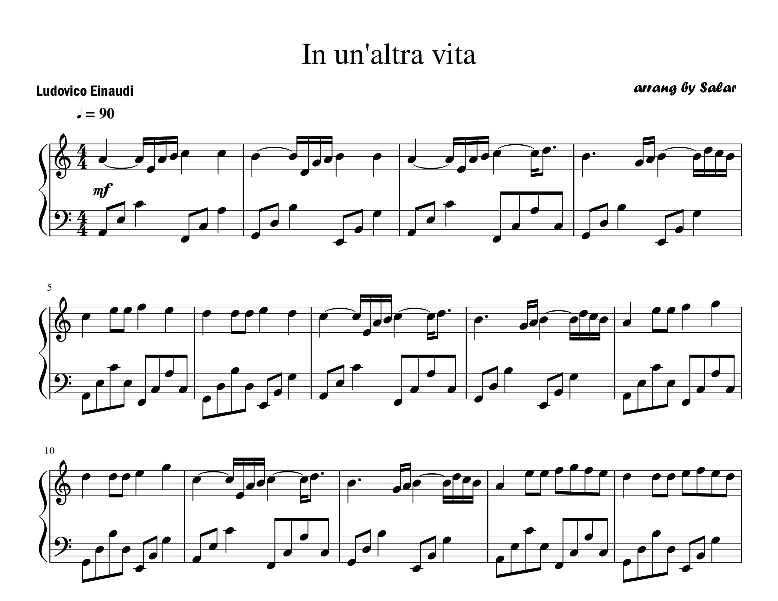 نت قطعه ی In un'altra vita (در زندگی دیگر) برای پیانو
