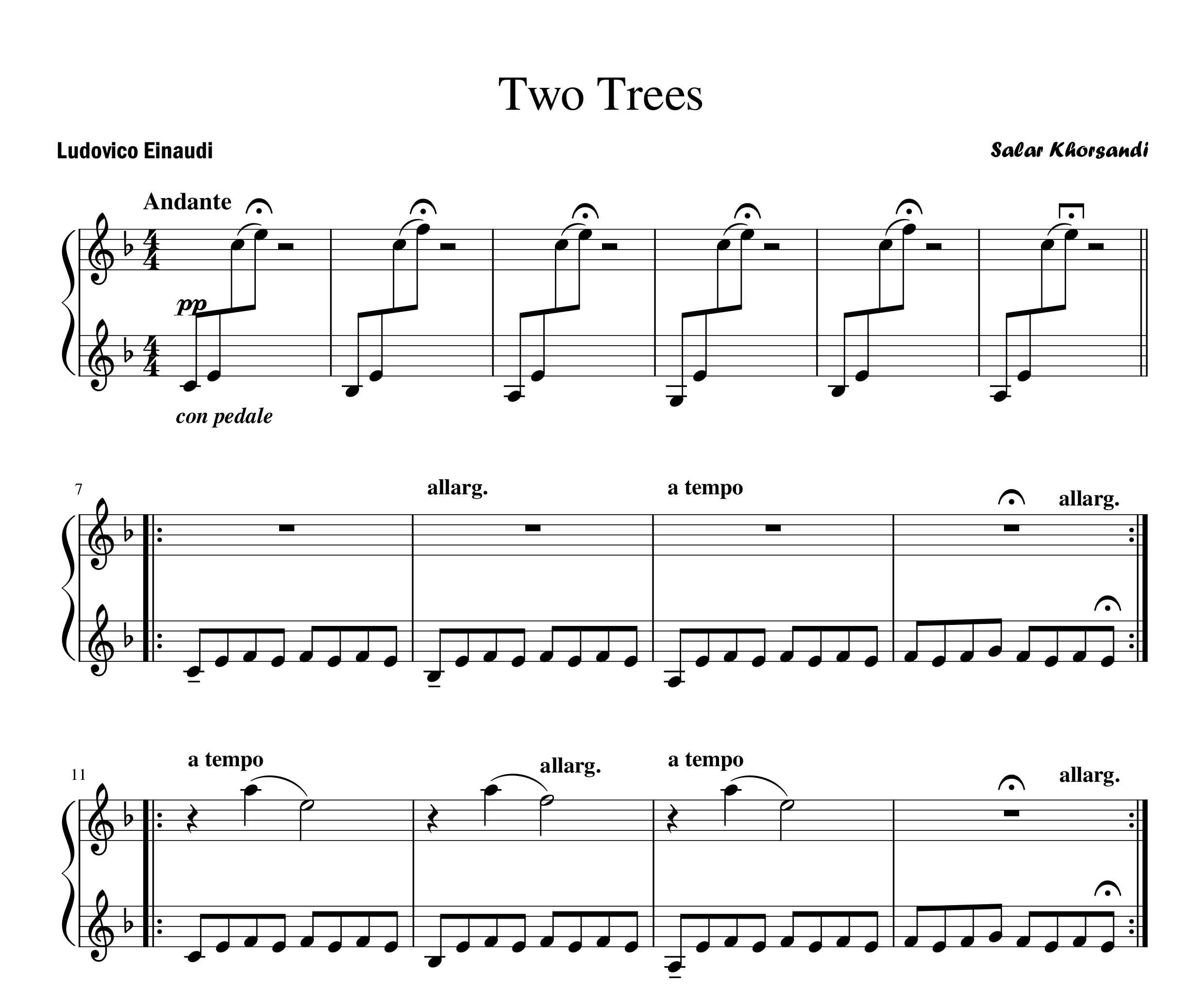 نت پیانو  Two Trees از Ludovico Einaudi