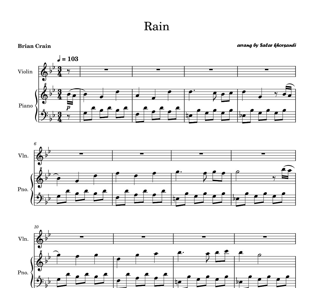 نت دوئت پیانو و ویولن  Rain از برایان کرین